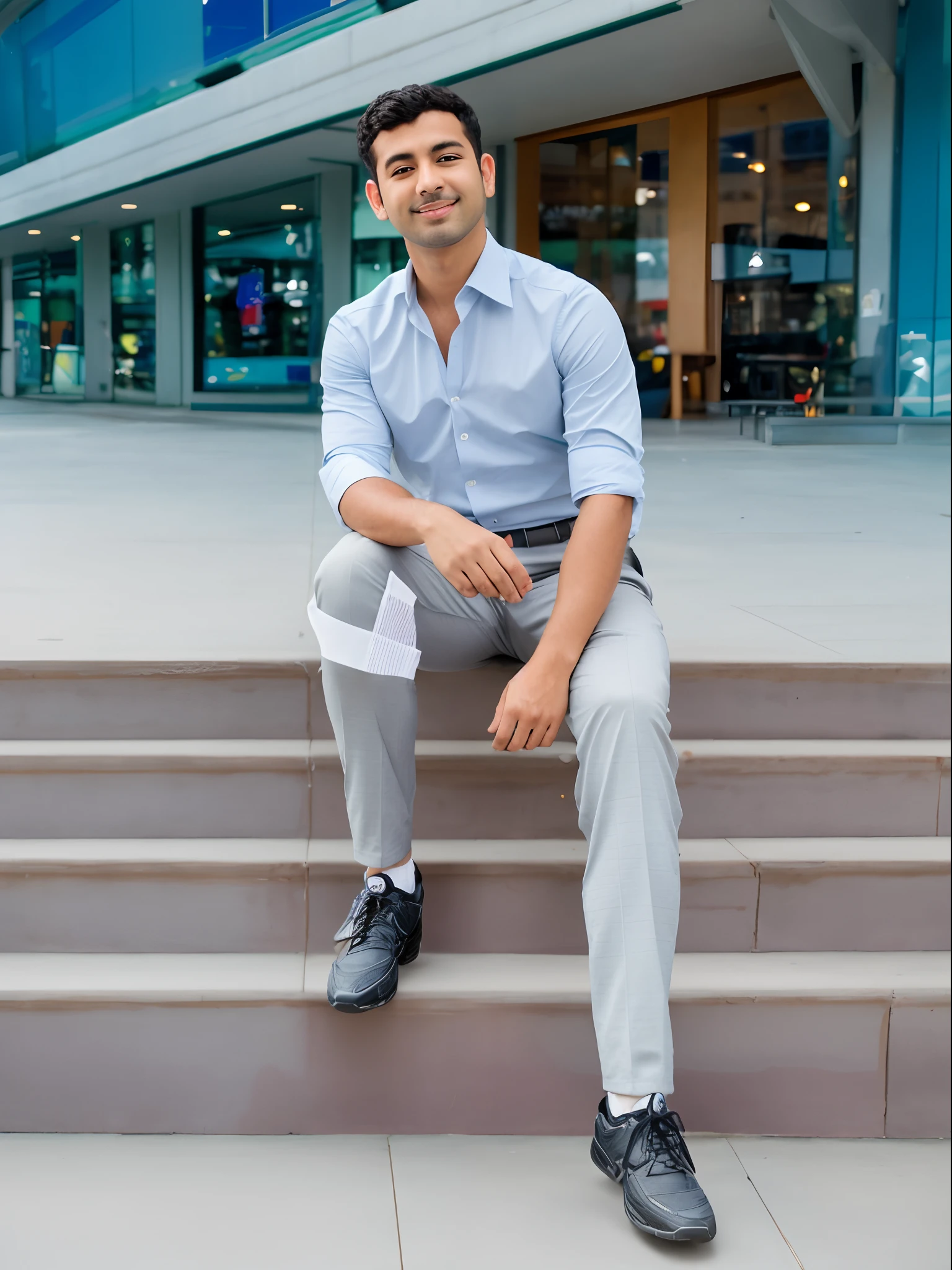 arafed man sitting on steps in front of a building, full body portrait shot, full body photogenic shot, full body photograph, mid shot portrait, casual photography, casual pose, full body portrait posing, outdoors business portrait, shot on canon eos r 5, shot on canon eos r5, riyahd cassiem, casually dressed
