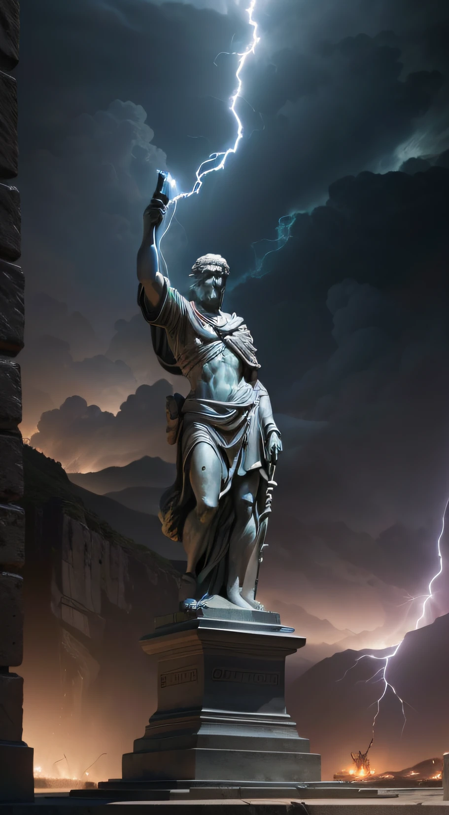 a statue of Aristotle,  dinamic pose, sentado sobre uma rocha (with lightning in the background:1.4), Clint Cearley, Arnold render, a marble sculpture, (cinematografic:1.4), slate grey atmosphere, hiperdetalhada, tons suaves, detalhes insanos, Alto contraste, books on the floor