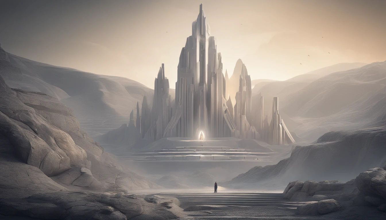 Stuart Lippincott style，God Online，in awe，Light，The sacred world，Huge futuristic statues floating around，Skysky，Awe-inspiring and peaceful，Detailed composition，Subtle geometric elements，refuge，Fresh and soft atmosphere，amber hues，The huge statue is surrounded by small figures，Fluid，Powerful，Small size，Yuri Shudov style，Philip McKay style，Works of masters，超詳細，HighestQuali，8K