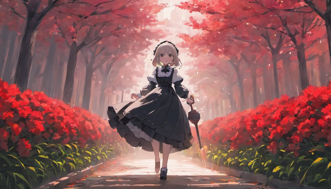A maid in a black and white Gothic maid costume walks down the path,It is surrounded by a sea of red flowers,She held an umbrella,Back shadow,It shows a visual impact that makes people feel hopeless and lonely