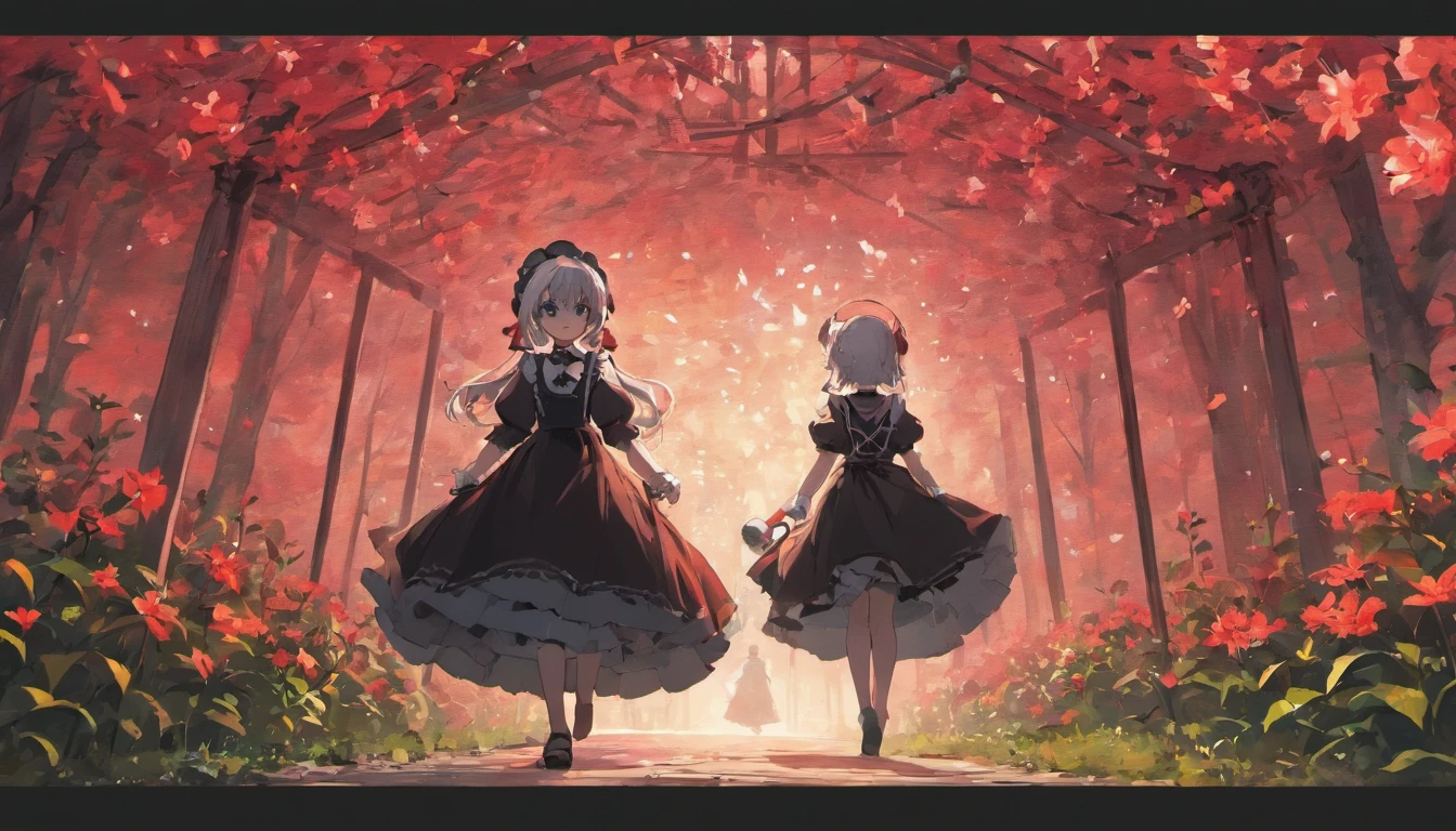 A maid in a black and white Gothic maid costume walks down the path,It is surrounded by a sea of red flowers,She held an umbrella,Back shadow,It shows a visual impact that makes people feel hopeless and lonely