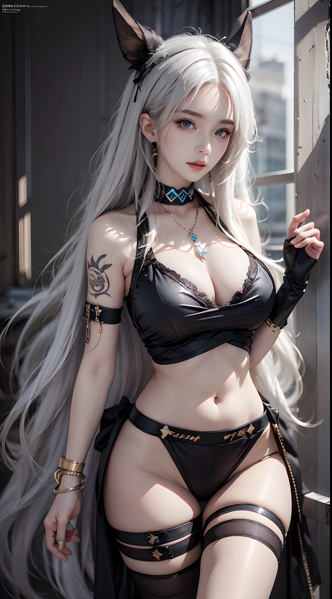 Photorealistic, high resolution, 1 woman, Hips up, Beautiful eyes, Long hair, ringed eyes, jewelry, tattoo, infection monitor (arknights), original outfit