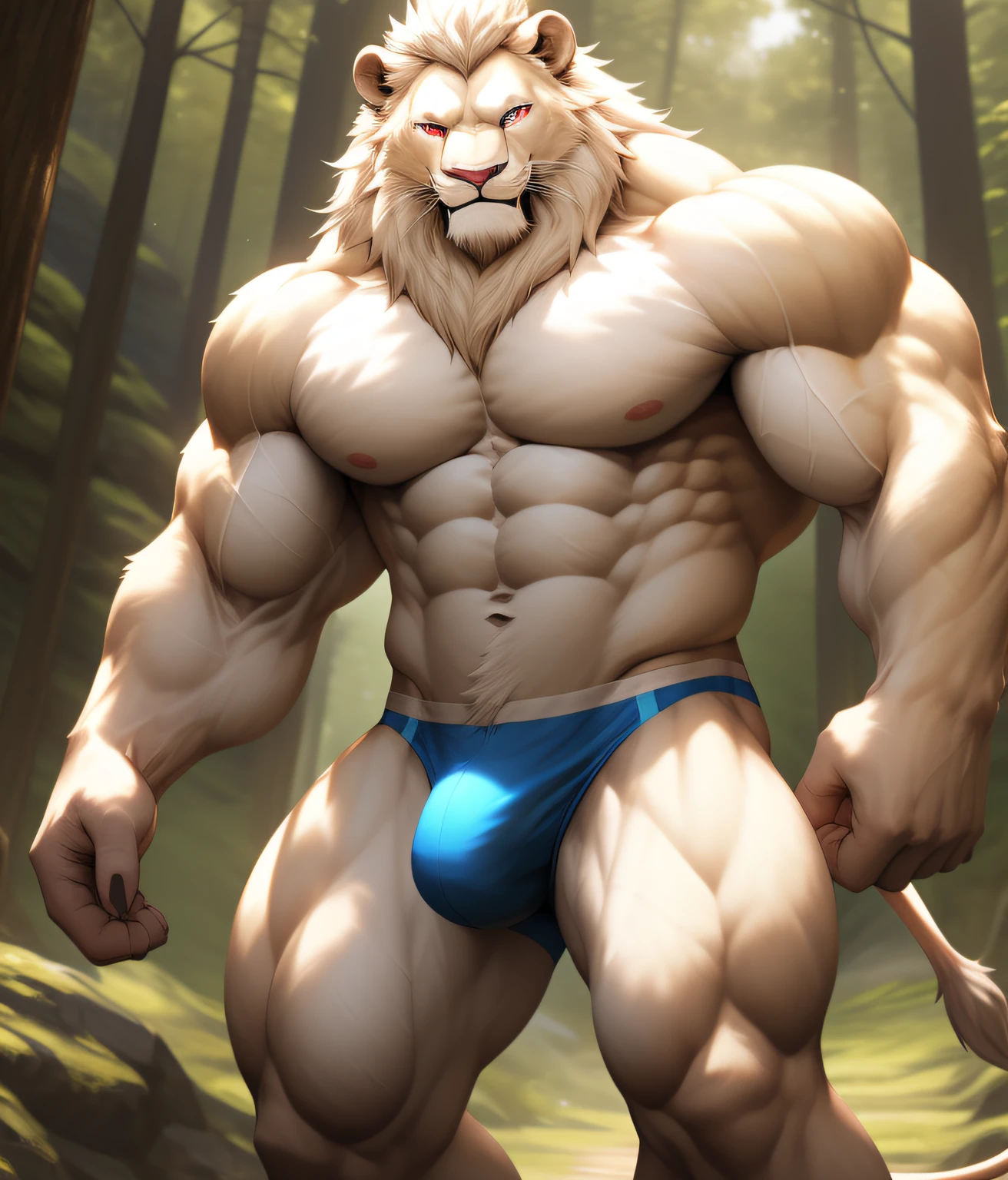 nj5furry, (muscular, albino lion, huge, red eyes), albino lion, ((extremely realistic shadows, masterpiece, extremely detailed, photorealistic)), kemono, albino fur, albino skin, blue eyes, large delicate eyes, wide eyes ((detailed eyes)), wearing a tiny blue thong revealing huge muscular thighs, bulge in the crotch, , forest mountain. Height 185 cm, the optimal height, tight clothing, body full of muscles; ripped abs, V-shaped body, thick waist, long legs, strong arms manly, handsome face, attractive cool calm face type with a cold smile, bodybuilding posture, carefree expression, smile, mischievous smile, sexy, detailed face, topless.