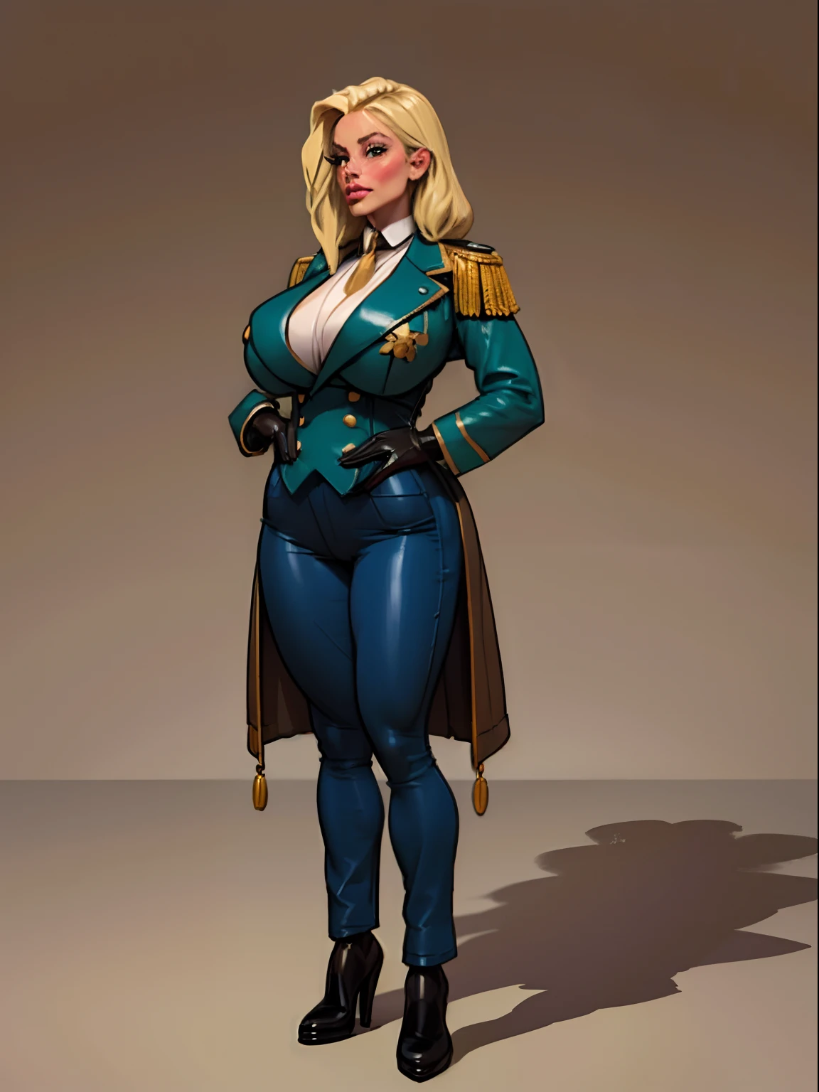 Lonely young adult girl, Tall stature, little chest, closed mouth, Slavic appearance: Green eyes; blond hair; sharp facial features; dimple on the chin; Straight nose; high nose; pronounced high cheekbones; high forehead, stands upright, (gigantic breasts:1.4), detailed face, military uniform: double-breasted overcoat; pants, Full-length painting, leather gloves