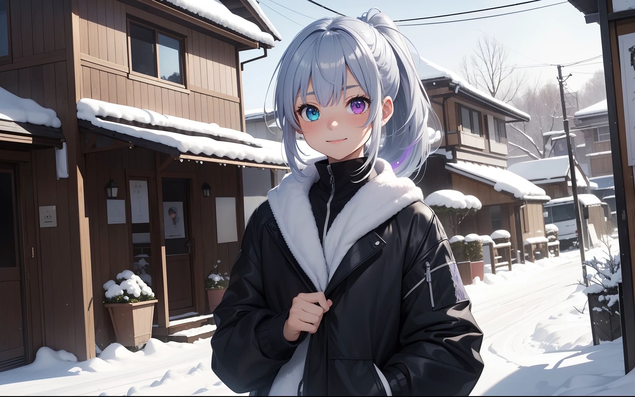 top-quality, Photorealsitic, ultra-detailliert, Delicate, Orderly Shifuyuta, high detailing,, 10 years old, Embarrassing, Smile, slender, Cowboy Shot, Blurred background, (1Girl of Man: 1.1), Dynamic Angle, (Glowing eyes: 1.5), Ambient Occlusion, ambient lights, ray tracing reflection, bluish-silver ponytail, (Drooping heterochromia iris:1.3),Winters、snowscape、outside of house