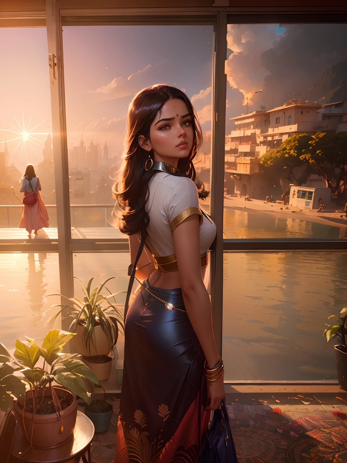 there is a woman standing in front of a window with a purse, alena aenami and artgerm, inspired by Magali Villeneuve, hindu aesthetic, ross tran 8 k, indian goddess, artgerm and atey ghailan, artwork in the style of guweiz, cinematic goddess shot, cinematic photograph concept art, cgsociety inspired
