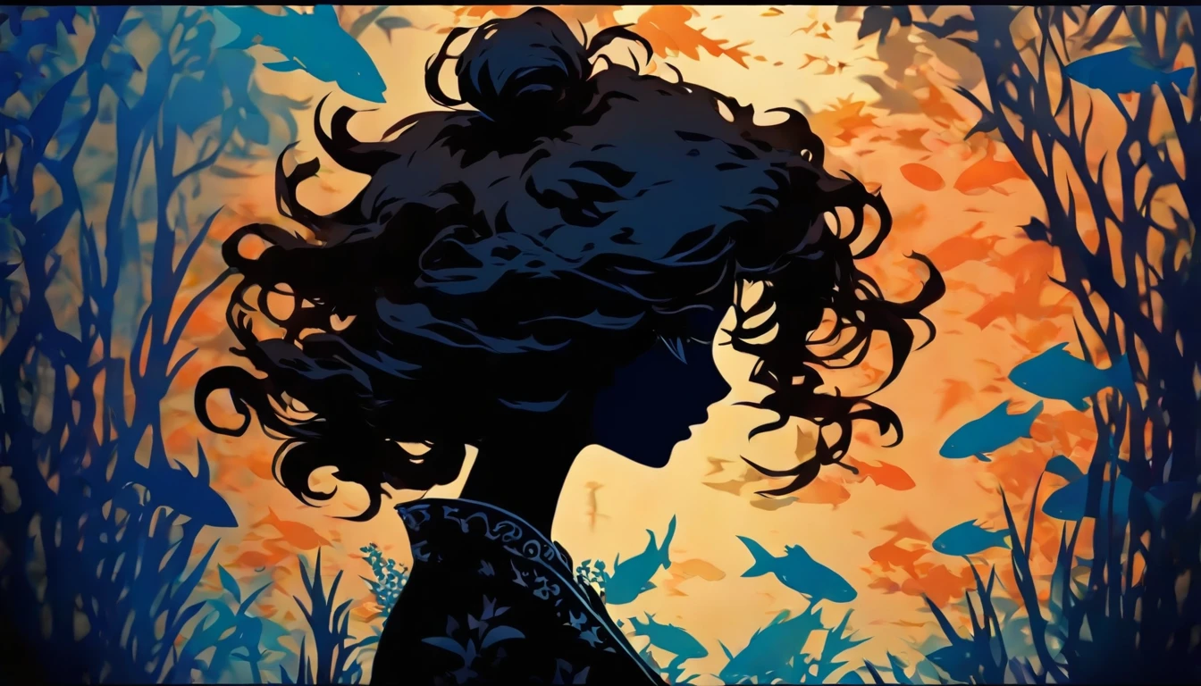 (Silhouette Art,cutouts:1.6)
(((Paper cutting art,A world where only black exists:1.3)

(Cowboy Shot),1 girl,Solo,
(Kimono Girl,profile:1.2),white, Clear and beautiful face,

BREAK
(Aquarium where a lot of blue fish swim)
Textured glass background,