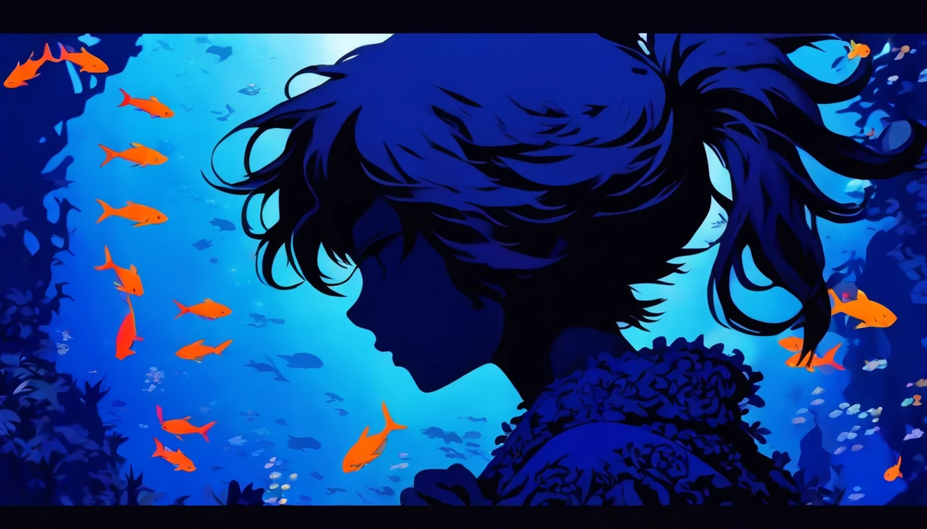 (Silhouette Art,cutouts:1.6)
(((Paper cutting art,A world where only black exists:1.3)
(Cowboy Shot),1 girl,Solo,
(Kimono Girl,profile:1.2),white, Clear and beautiful face,
BREAK
(Aquarium where a lot of blue fish swim)
Textured glass background,