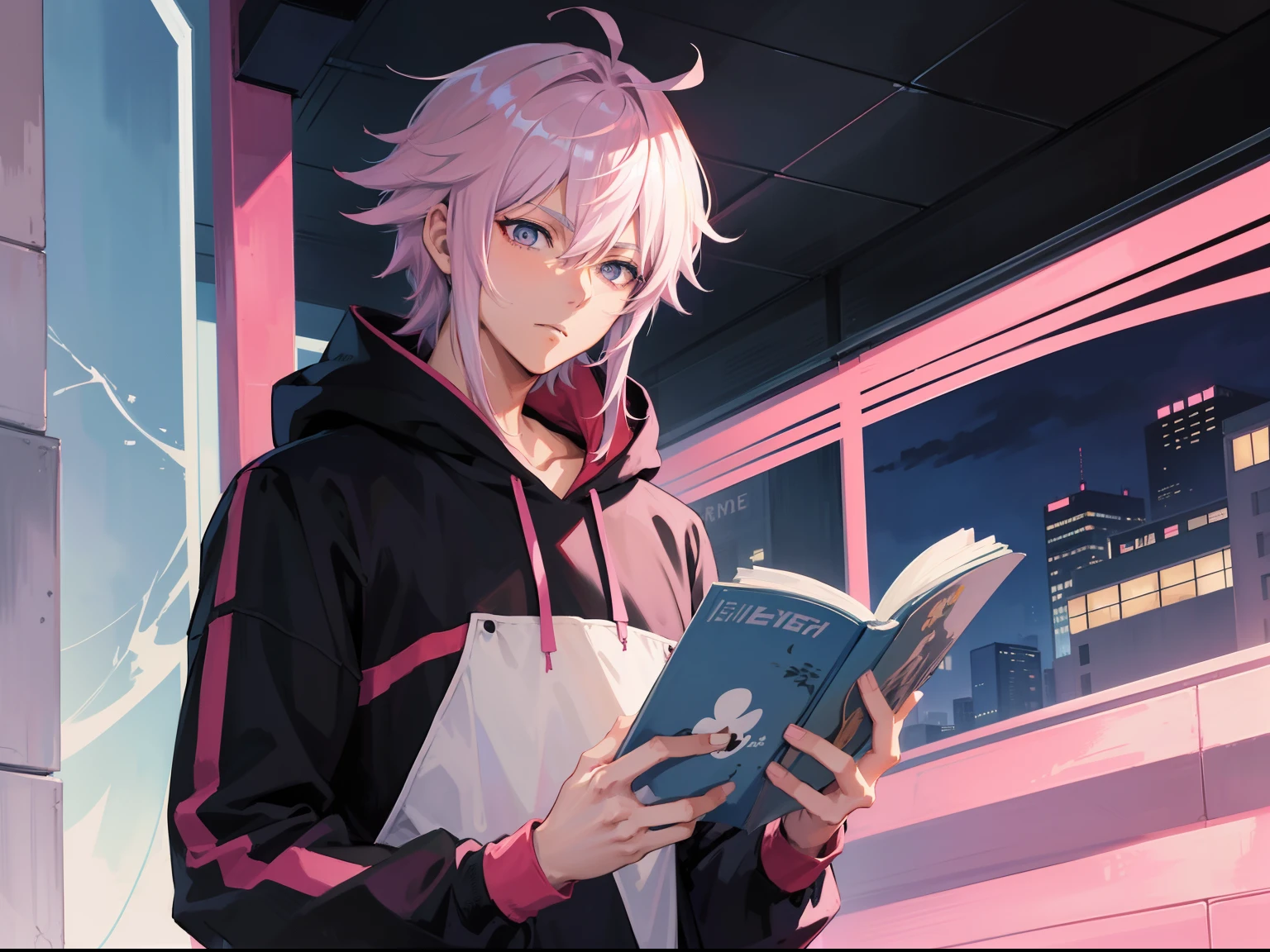 anime guy in hoodie , reading, anime handsome man, anime boy, male anime character, handsome anime pose, male anime style, tall anime guy with grey eyes, anime portrait of a handsome man, he has light pink hairs, as hair color, with medium hairs and diffrent hairstyle NO girl,gay,trans