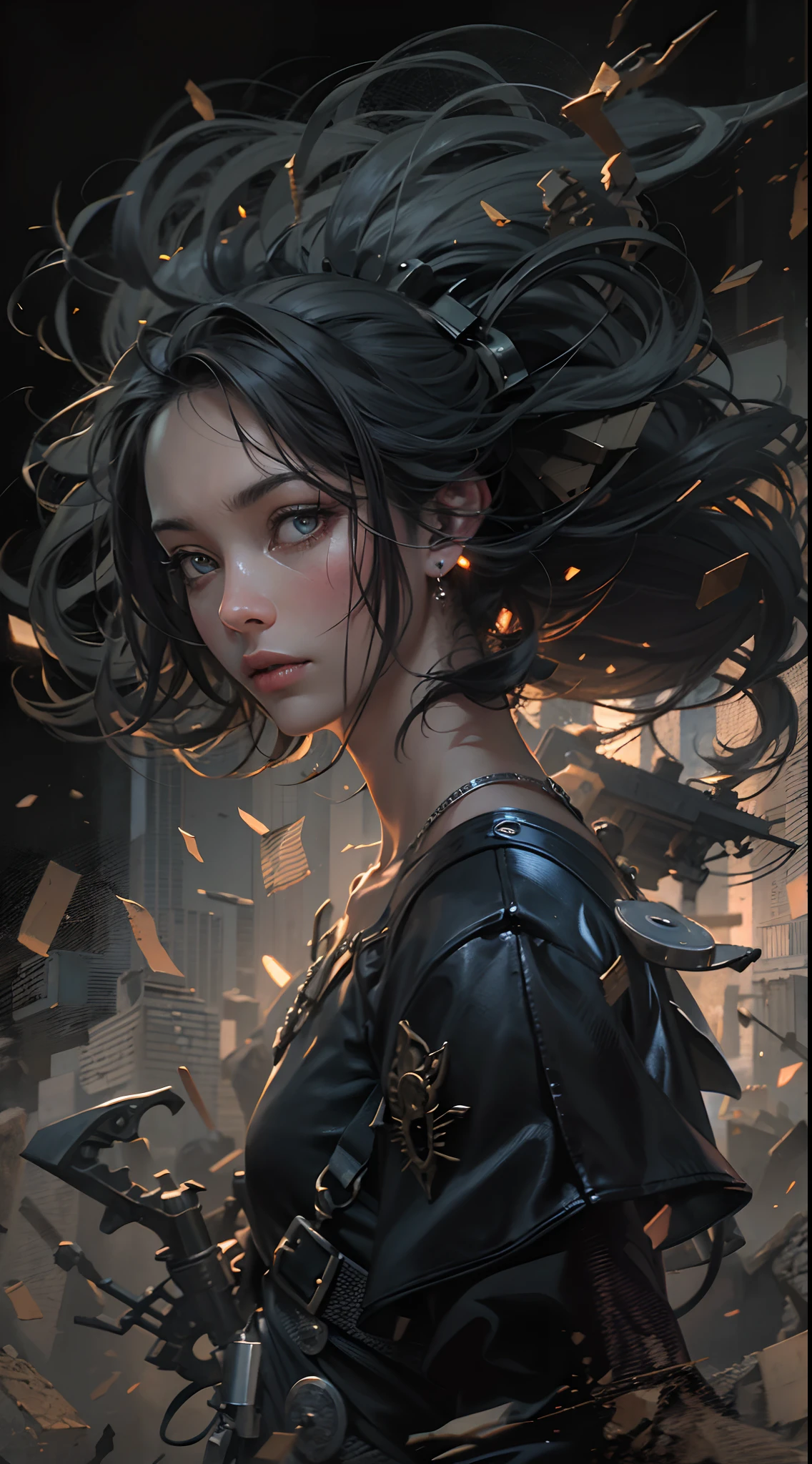Best quality, Masterpiece, (Realistic:1.2), Detailed face, Beautiful eyes, Masterpiece, Best quality, Ultra-high RES, Beautiful, Visually stunning, elegant, incredibily detailed, Award-winning paintings, (Dark art:1.1), deepshadow, (Dark theme:1.2), r1ge, Angry, Glowing, (Aura:1.2), energy, Flying debris, Flying debris, 1 girl,