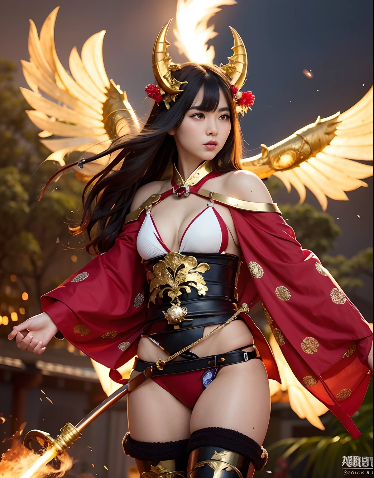 Professional , masterpiece、top-quality、photos realistic , depth of fields 、Dark Fantasy、(fullmoon:1.9)、(shooting stars:0.9)、(nebulas:1.3)、A dark-haired、(White bikini armor)、(Mystical expression)、(The fox has five tails)((Fight dragons)),(Wear a beautiful kimono),(Wear a beautiful kimono with colorful floral patterns)、Jewel Gold Weapon、Particles of light),(Has a devil's mask)、Gorgeous gold weapons ,(( Gorgeous Dragon Sword)) , (Fox Mask),,(maikurobikini) 、((Black Haired Beautiful Girl))、(Castle background)、(demonic wings)、((Gangle's forest background))、Beautiful Caucasian beauty、1a person、dynamic ungle,(((Two devil's horns on the head)))、Smaller head、Idle Smile、Thin and beautiful female hands、Mystical expression、Light Effects、intense fighting、Wind-effect、magic circles、With the legendary magic wand、Dragon's tail、