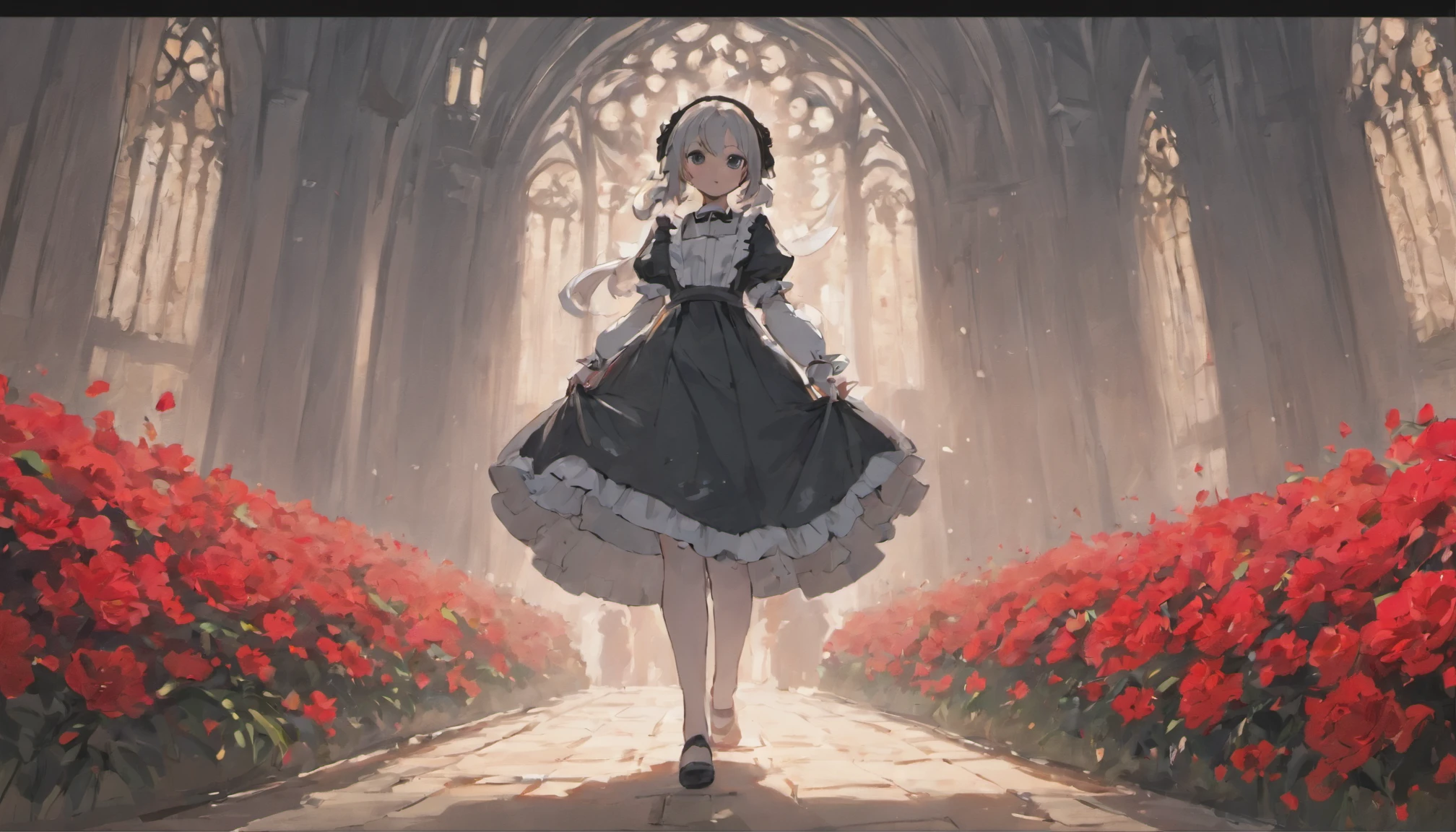 A maid in a black and white Gothic maid costume walks down the path,It is surrounded by a sea of red flowers,She held an umbrella,Back shadow,It shows a visual impact that makes people feel hopeless and lonely