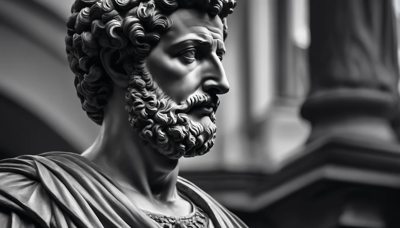 a portrait statue of the stoic Marcus Aurelius in black and white 4K,Face de lado, papel de parede super realista