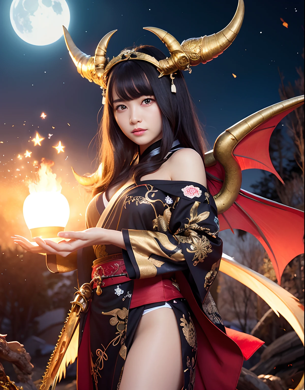 Professional , masterpiece、top-quality、photos realistic , depth of fields 、Dark Fantasy、(fullmoon:1.9)、(shooting stars:0.9)、(nebulas:1.3)、A dark-haired、(White bikini armor)、(Mystical expression)、(The fox has five tails)((Fight dragons)),(Wear a beautiful kimono),(Wear a beautiful kimono with colorful floral patterns)、Jewel Gold Weapon、Particles of light),(Has a devil's mask)、Gorgeous gold weapons ,(( Gorgeous Dragon Sword)) , (Fox Mask),,(maikurobikini) 、((Black Haired Beautiful Girl))、(Castle background)、(demonic wings)、((Gangle's forest background))、Beautiful Caucasian beauty、1a person、dynamic ungle,(((Two devil's horns on the head)))、Smaller head、Idle Smile、Thin and beautiful female hands、Mystical expression、Light Effects、intense fighting、Wind-effect、magic circles、With the legendary magic wand、Dragon's tail、