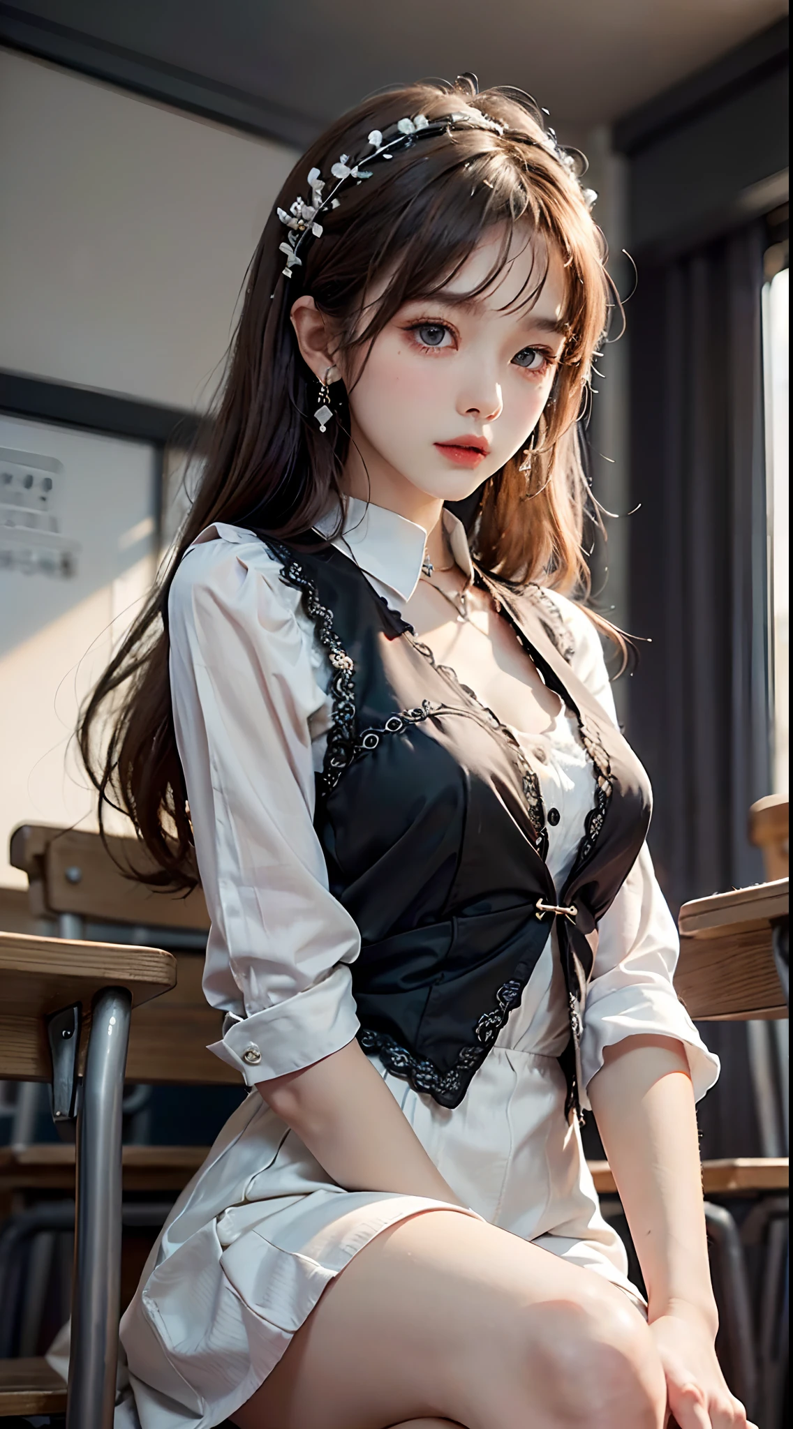 ((From below)), (full bodyesbian) ,((Photorealsitic)), ((Sit Pose,cross-legged )), 1girll, Asian model, Slim, slender leg, curlies, Beautiful hair accessories, Brown hair, ((White color blouse,Black vest,Short white dress)), Campus style,inside a classroom,(warm lights, a warm color palette), Detailed details, ultra-detailliert, (tmasterpiece, best qualtiy), (An extremely delicate and beautiful work), Delicate earrings, Simple blurred background, Extreme detail description, Ultra-fine painting, Delicate face, slim toned body