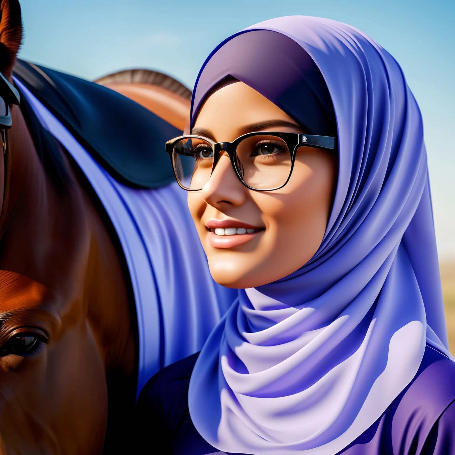ultra realistic,16k,enhanced quality, perfect face, perfecthands, perfect body, ultra detailed,1girl riding horse,perfect hair, girl wearing glasses, perfect glasses, ultra realistic, ultra realistic clouds, girl riding a horse, realistic horse, horse riding, ultra realistic glowing butterfly, girl wearing perfect hijab, ultra realistic particles, perfect duck lips ,islamic hijab,