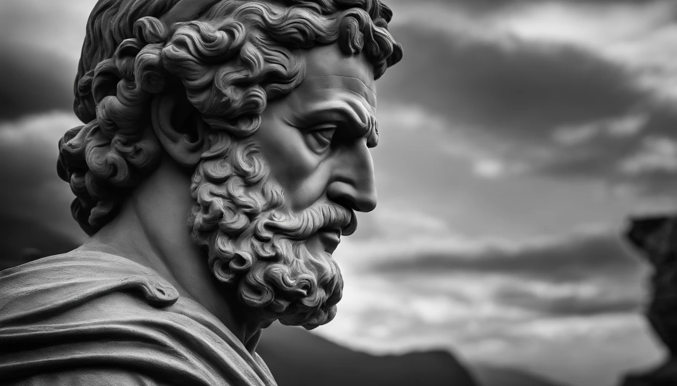 a portrait statue of the stoic Seneca in black and white 4K,Face de lado, papel de parede super realista