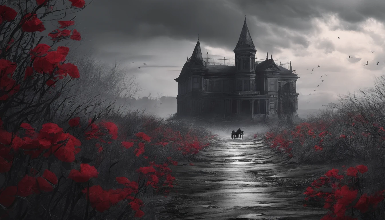 A maid dressed in a black and white Gothic maid costume walks down the path,She is surrounded by a sea of red flowers,She held an umbrella,Back shadow,It shows a visual impact,It makes people feel hopeless and lonely,The sky was filled with gray mist,