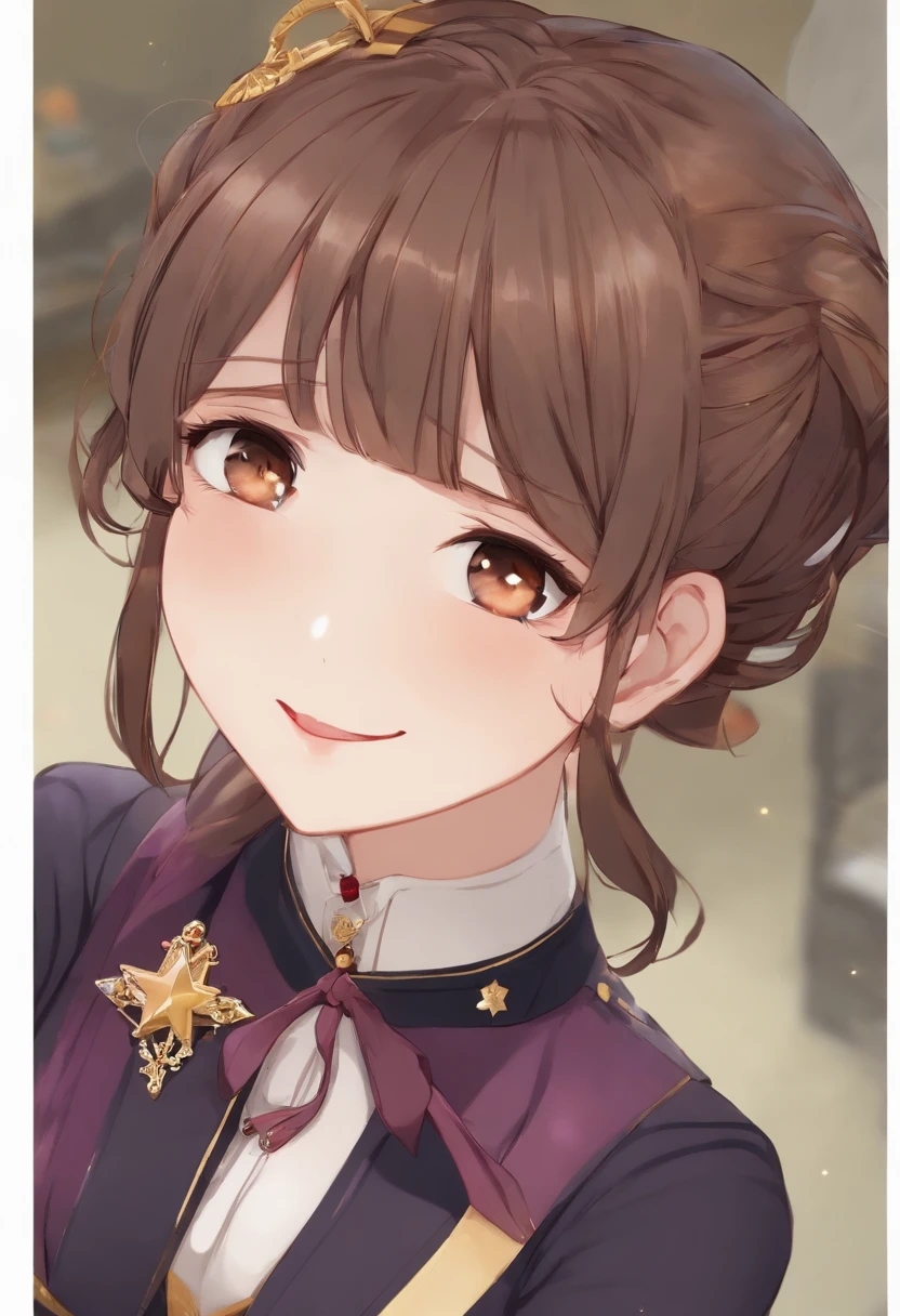ichigestyle, 1girl, solamente, brown hair, heart, adorno para el cabello, Uniforme escolar, Cola de caballo lateral, They are smiling, Mirando al espectador, Neckerchief, Parte superior del cuerpo, heart hair ornament, cardigan, Collar de marinero, Serafuku, Collar marinero negro, flequillo, ojos amarillos, boca cerrada, Cabello largo, brown eyes, purple scarf, fondo rayado, 鎖骨, rayado, lunares, estrella (simbol)