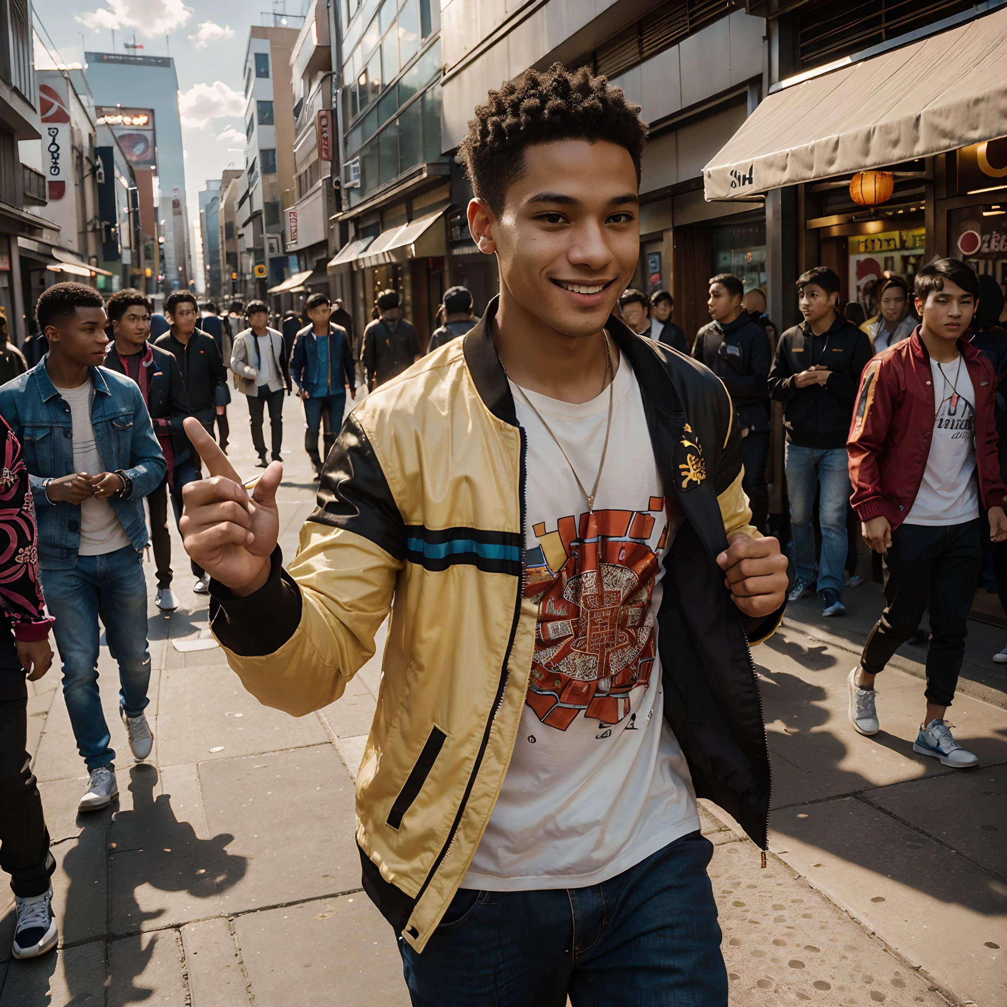 (urban photography:1.2), (film grain:1.4), (candid pedestrian photograph:1.1), (young mixed man walking to the beat of the music: 1.3), smiling, giving, (tom holland:0.5), (dynamic pose:1.1), vibrant colours, colourful jacket, hand gesture, (wearing modern Japanese urban fashion:1.1), (his clothes adorned with intricate oriental designs:1.1), ( RF 24-70mm f/2.8L IS USM lens for versatile captures:1.2), (the play of light and shadow accentuating his form:1.1), (his confident expression accentuating the youthful urban fashion:1.1), (an image that captures the fusion of artistry, culture, and natural beauty:1.1)