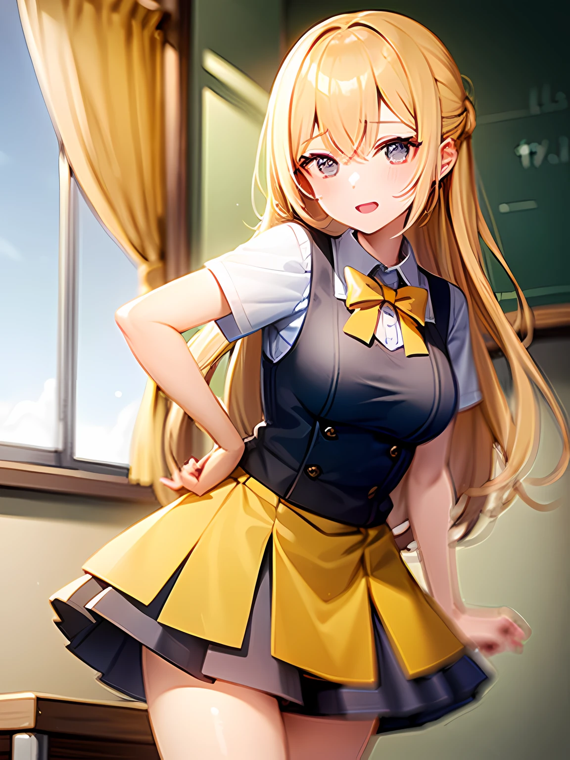 1girl, long yellow hair, blue eyes, wearing yellow shirt, gingham yellow short skirt, cute, classroom, high res, ultrasharp, 8K, masterpiece, looking at viewer