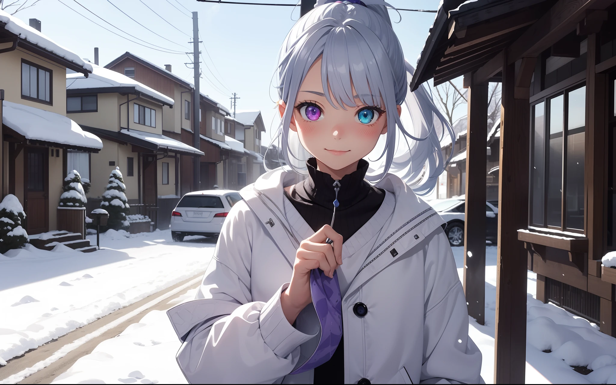 top-quality, Photorealsitic, ultra-detailliert, Delicate, Orderly Shifuyuta, high detailing,, 10 years old, Embarrassing, Smile, slender, Cowboy Shot, Blurred background, (1Girl of Man: 1.1), Dynamic Angle, (Glowing eyes: 1.2), Ambient Occlusion, ambient lights, ray tracing reflection, Glow,bluish-silver ponytail, (Drooping heterochromia iris:1.3),Winters、snowscape、outside of house