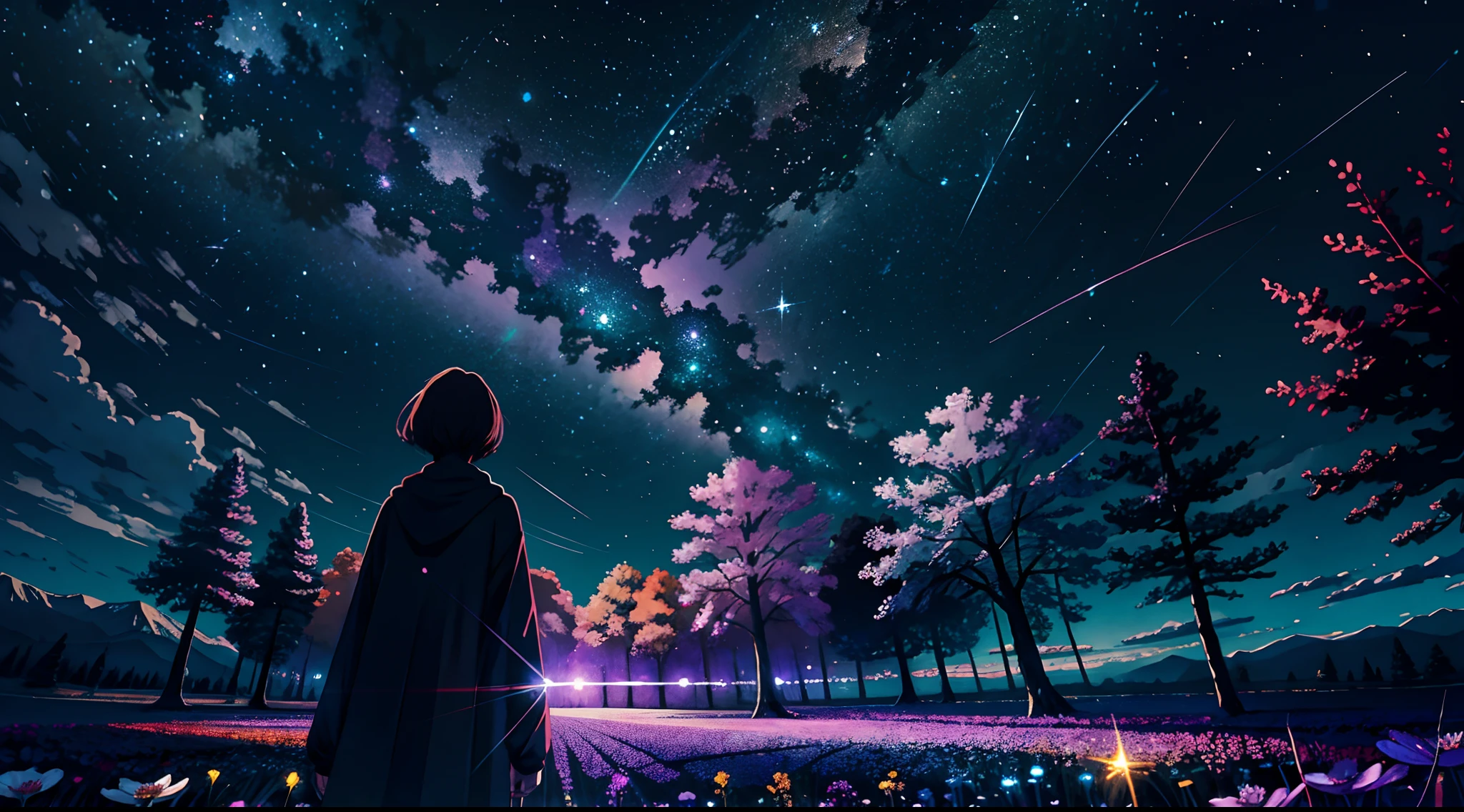 Expansive landscape photograph,(look from down,Above is the sky,Below are open fields),A girl standing on a flower field looking up,(moon full:1.2),(meteors:0.9),(Starcloud:1.3),Far Mountain, Tree BREAK making art,(Warm light source:1.2),(glowworm:1.2),lamp lights,Lots of purple and orange,Complicated details,Volumetric lighting BREAK(tmasterpiece:1.2),(best qualtiy),4k,ultra - detailed,(dynamic compositions:1.4),detail-rich,plethora of colors,(Irridescent color:1.2),(with light glowing,Atmospheric lighting),dream magical,magical,(独奏:1.2)meteors