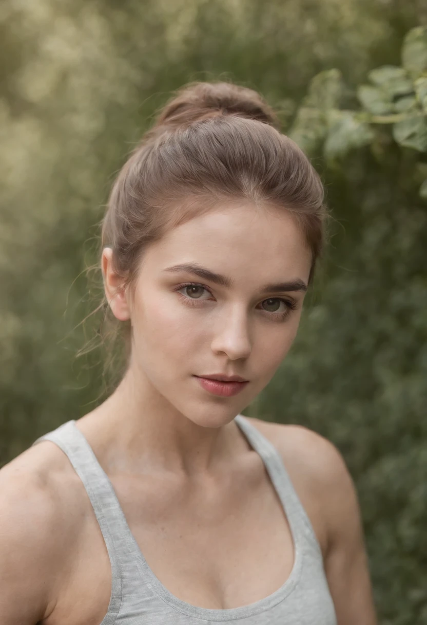 Primer plano, Lente Canon de 55 mm, volumetric illumination, Lente Fujifilm XT3, Retrato de la parte superior del cuerpo, Una joven blanca, muscular, Very worried facial expression, 18 years old, short light brown hair, pelo corto, cabello lacio, Llevar una regata corta, gym behind dumbbells High resolution image, Textura detallada, Profundidad de campo realista