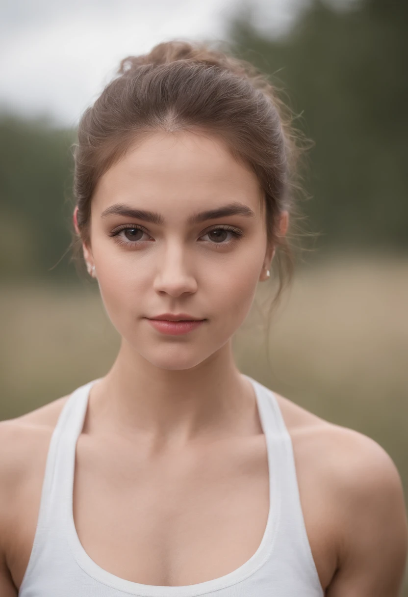 Primer plano, Lente Canon de 55 mm, volumetric illumination, Lente Fujifilm XT3, Retrato de la parte superior del cuerpo, Una joven blanca, muscular, Very worried facial expression, 18 years old, short light brown hair, pelo corto, cabello lacio, Llevar una regata corta, gym behind dumbbells High resolution image, Textura detallada, Profundidad de campo realista
