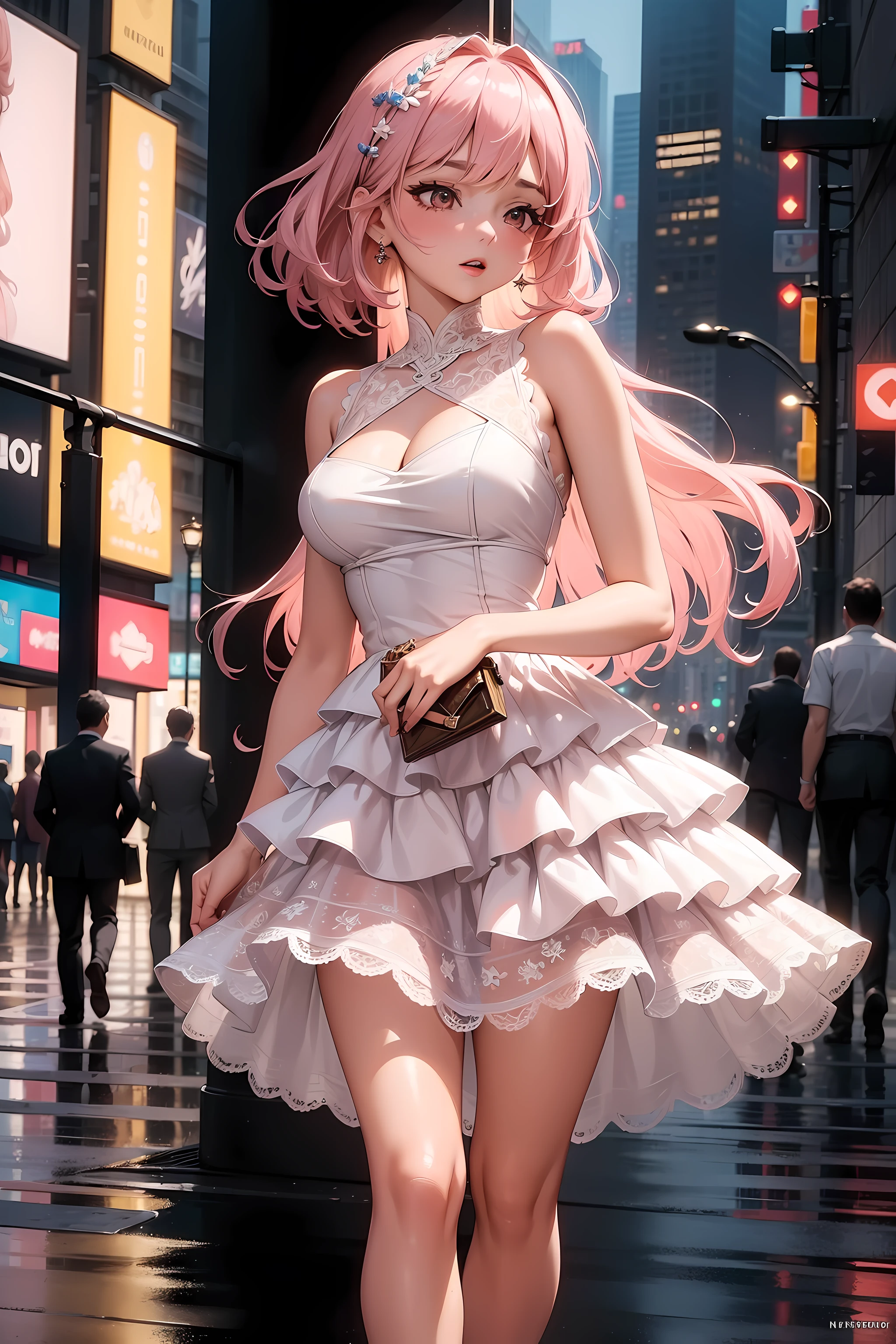 (((Masterpiece))), a top influencer woman, top quality, super detailed, cute and spunky, Luxury style, fair skin, long layered hair, baby pink underwired cut out lace dress, New York background