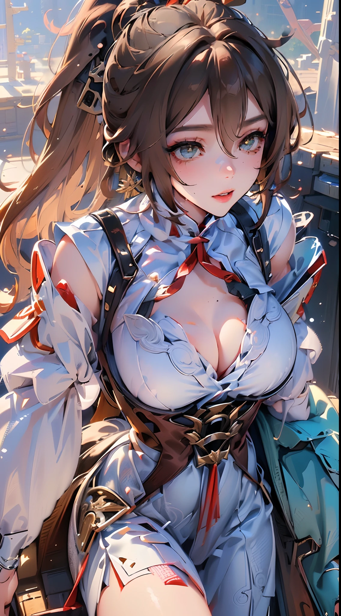 (Best Quality, 8k, 32k, Masterpiece, UHD:1.3), (Photo of Attractive Japanese Woman), ((1 Girl)), ((moderate Boobs)), Abs, Perfect Body, Ultra Detailed Face, Detailed Lips, Fine Eyes, double eyelids,, (seductive), ((aroused:1.5)), ((in heat)), ((milf)) sexy girl, beautiful girl, jaw-dropping beauty, girl in mecha cyber armor, ((brown long hair:1.2)), ferra white mecha, female mecha, mechanized valkyrie girl, beautiful white uniform clothed in sci-fi military armor, scifi woman, in (white futuristic armor:0.9), gorgeous female paladin, ((close up to face and breast)), smiling beautifully, in mecha cockpit, sunlight illuminated her beautiful face,