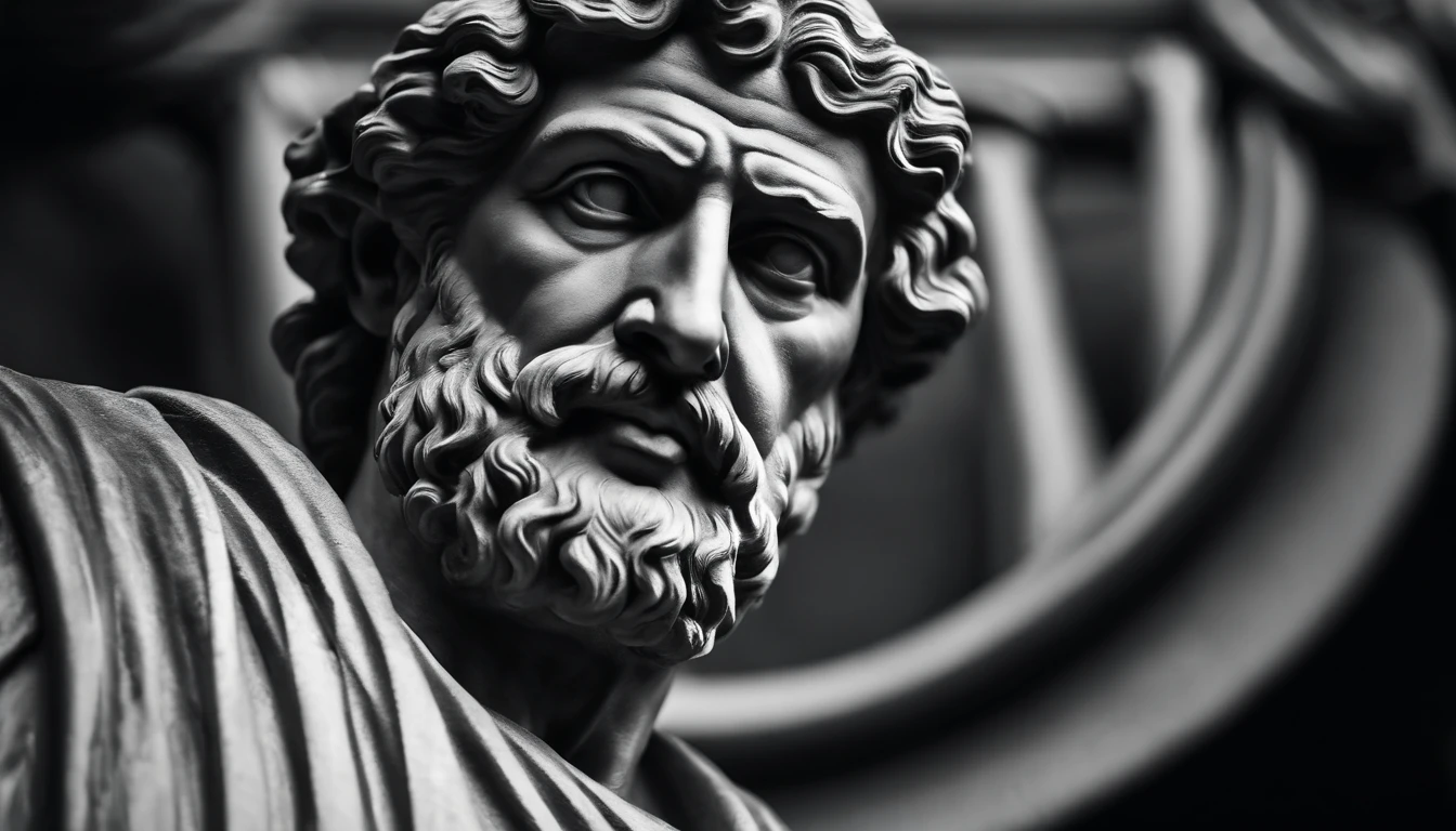 a portrait statue of the stoic Seneca in black and white 4K,Face de lado, papel de parede super realista