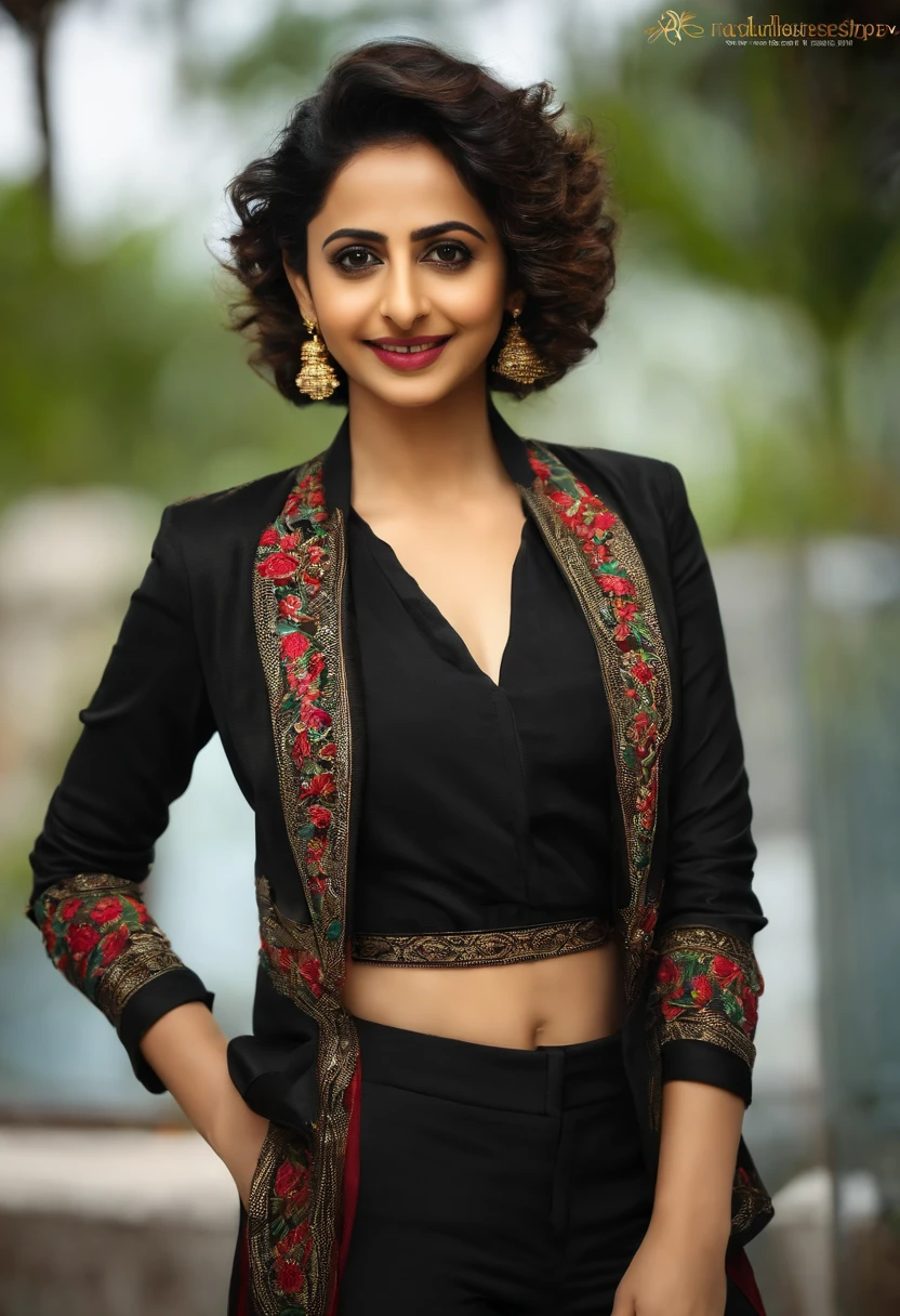 Beautiful Indian actress rakulpreet singh, short curly hair, wearing black blazer,