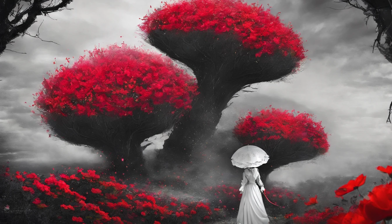 A maid in a black and white Gothic maid costume walks down the path，She was surrounded by a sea of red flowers，She held an umbrella，Back shadow，It shows visual impact，It makes people feel hopeless and lonely，The sky was filled with gray mist，
