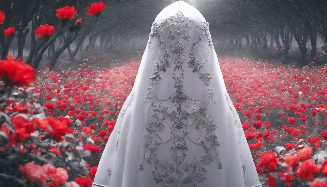 A maid in a black and white Gothic maid costume walks down the path,She was surrounded by a sea of red flowers,She held an umbrella,Back shadow,It shows visual impact,It makes people feel hopeless and lonely,The sky was filled with gray mist,