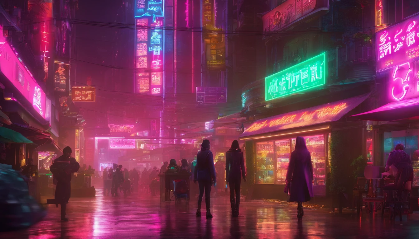 City with pink and green neon signs, es regnet, es ist nacht, Central street with lots of people looking at shop windows, A young pretty woman with medium-length dark hair in the foreground, standing towards the city and looking back, wears a see-through raincoat