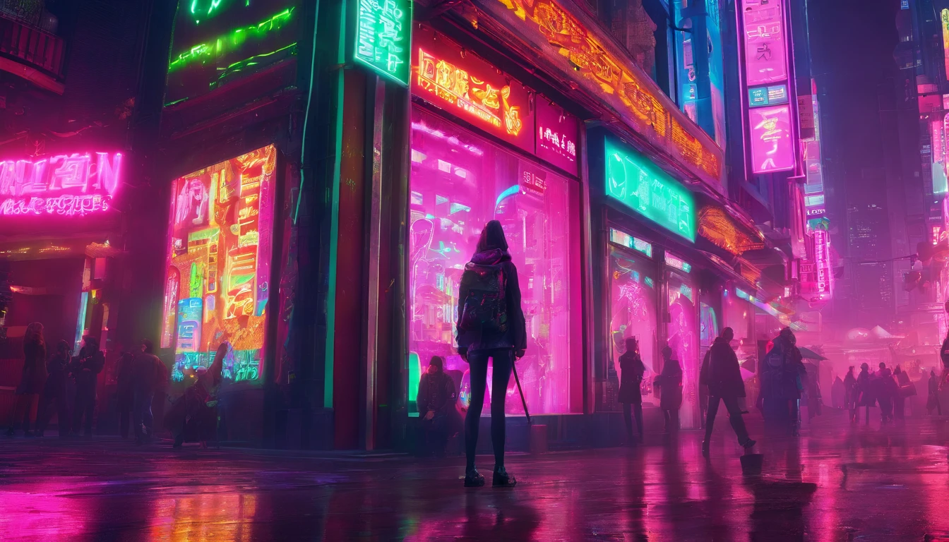 City with pink and green neon signs, es regnet, es ist nacht, Central street with lots of people looking at shop windows, A young pretty woman with medium-length dark hair in the foreground, standing towards the city and looking back, wears a see-through raincoat