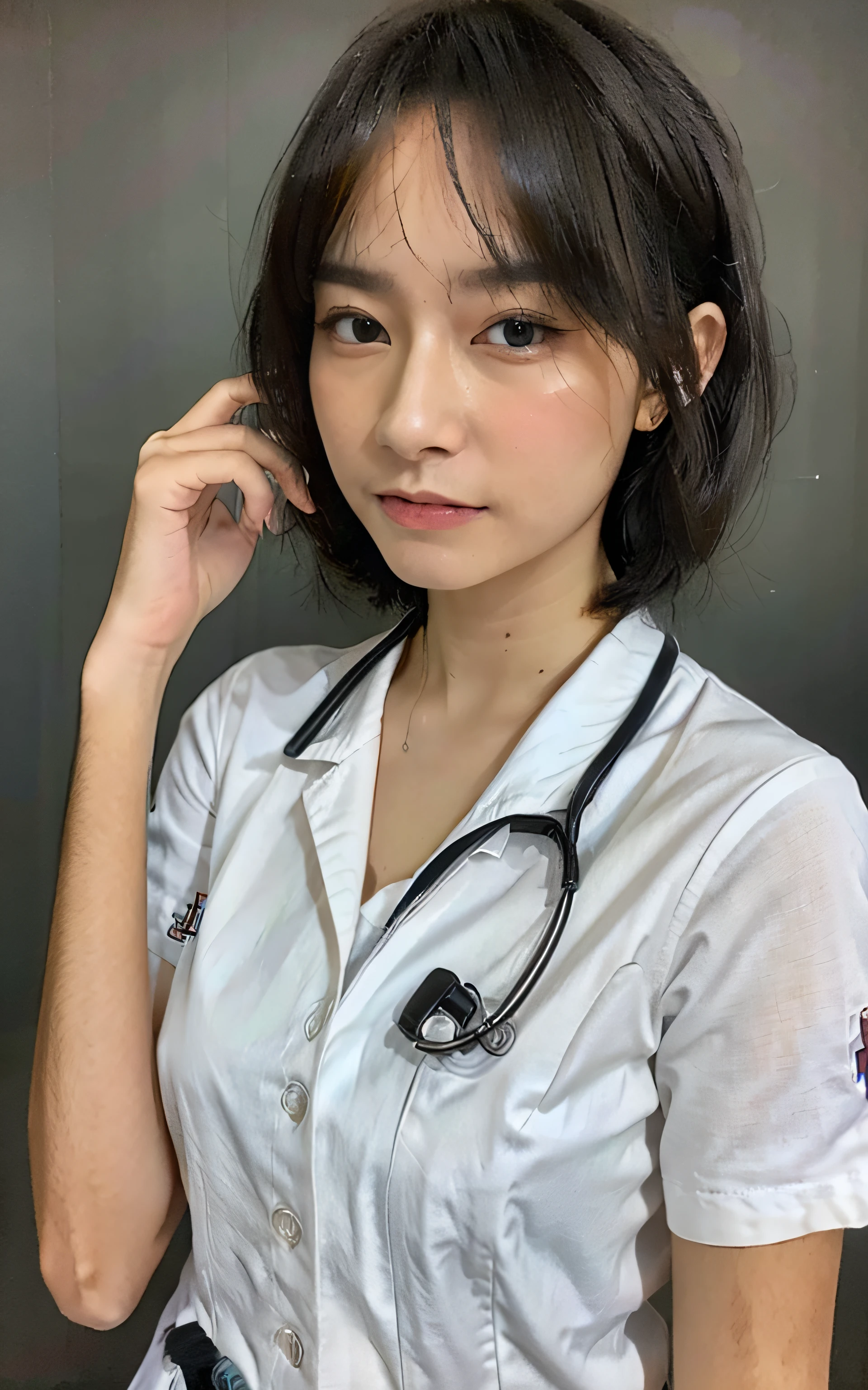 ((Nurse))、Angel in White、Extraordinary beauty、full body Esbian、inside hospital、(((a miniskirt)))、((Unbutton your shirt、Chest is open.))、((Revealing nurse clothes))、Short-cut hairstyles 、Women in Japan、Photorealsitic、Beautiful detailed eyes、Hyper-Realism、highcontrast、Ultra HD、realistic skin textures、Top image quality、top-quality、超A high resolution、Fine details、Very meticulously