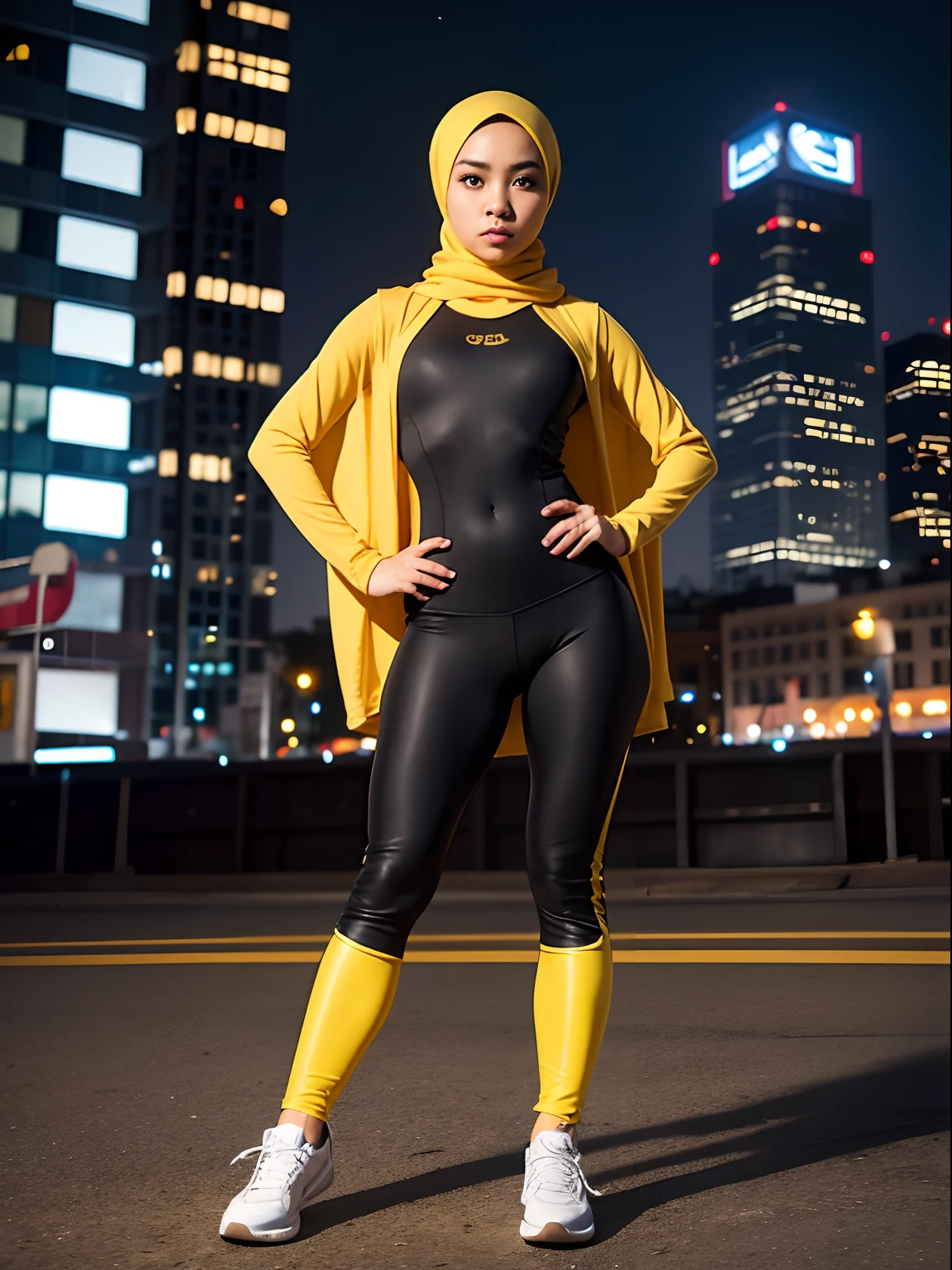 1 malay girl, solo, hijab, yellow eyes, medium hijab, superhero, leotard, leggings, boots, hands on hip, city backdrop, white sneakers,