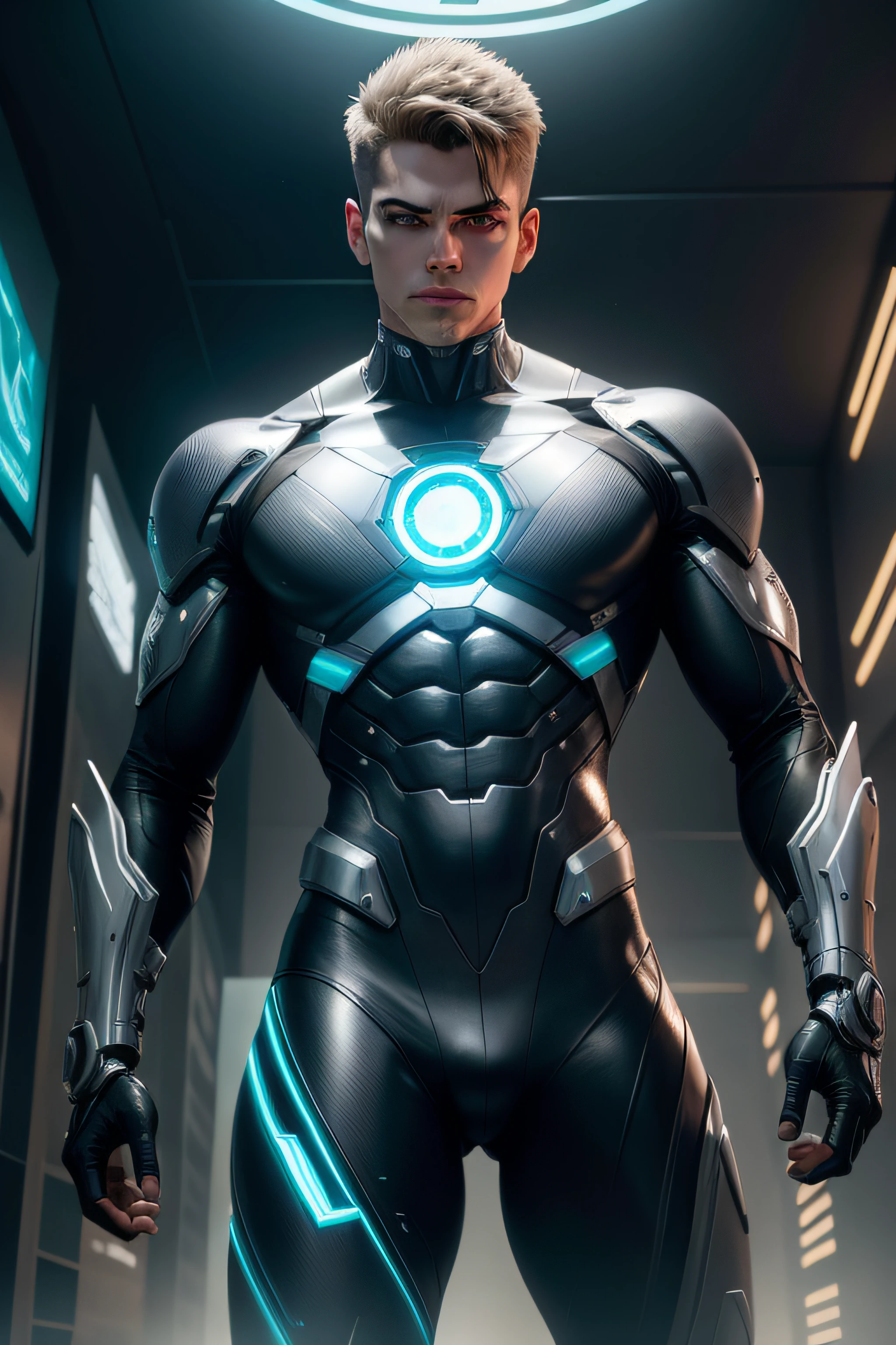 Create a superhero with cybernetic powers who possesses advanced robotic implants, permitindo um controle total sobre a tecnologia. Descreva seus olhos brilhantes, Metallic limbs and how he uses his ability to hack any system to fight villains.
