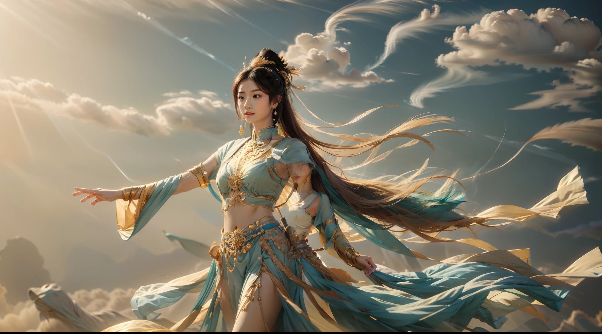1girl, Dunhuang Flying Apsaras costume, messy long hair, Ji Jian, Dunhuang style, a lot of smoke, superb, elegant colors, (realistic, high detail, masterpiece, super detailed, dynamic angle, mural background, ink wash, amazing, movie lighting, illustration, chiaroscuro, backlighting, god rays, holland, best quality, best quality