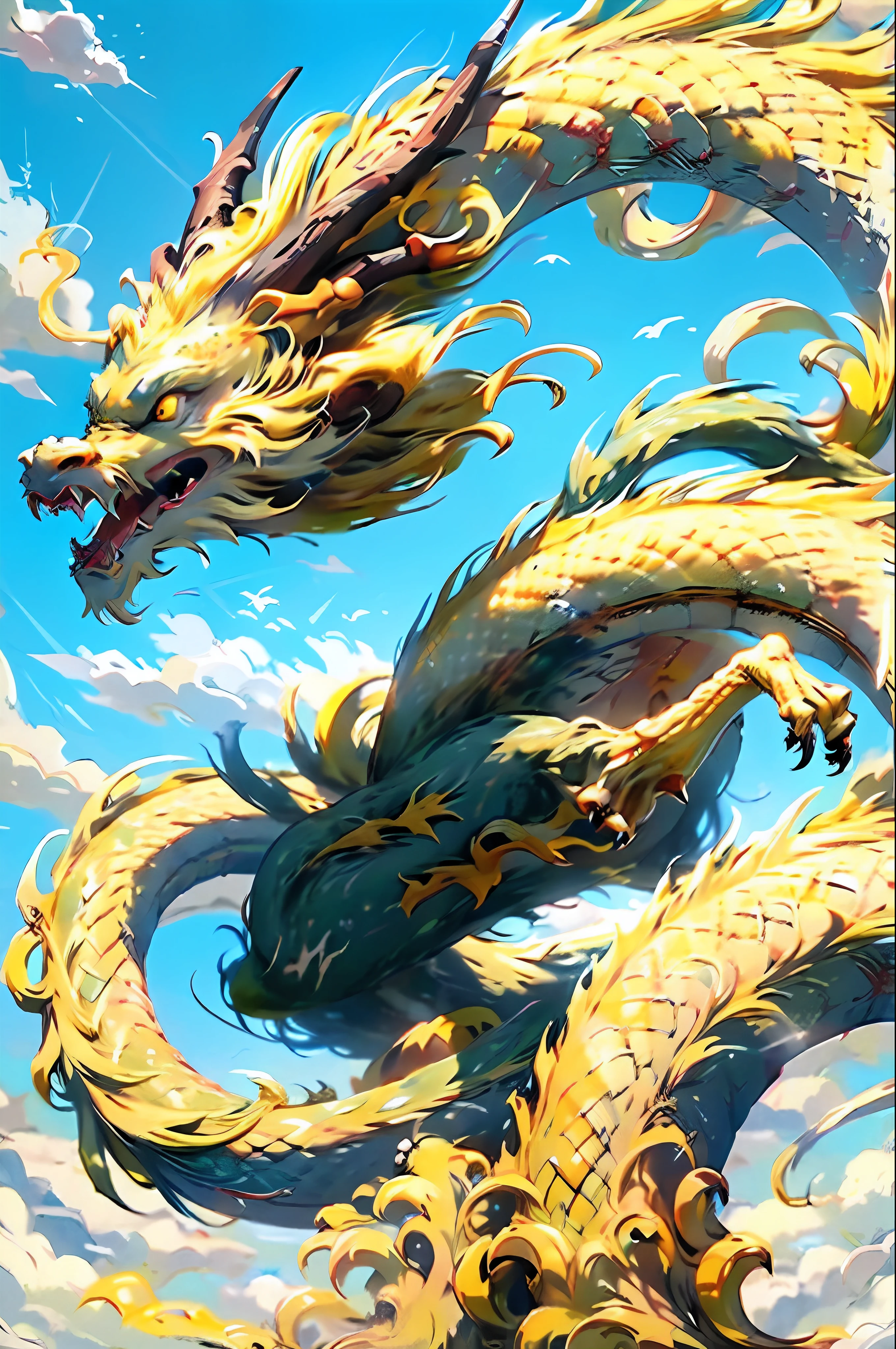 Best quality,masterpiece,ultra high res,nu no humans, (long:1.2),sky, yellow eyes, cloud, scales, eastern dragon, open mouth, sharp teeth, flying, horns, teeth, day, claws, fangs, blue sky