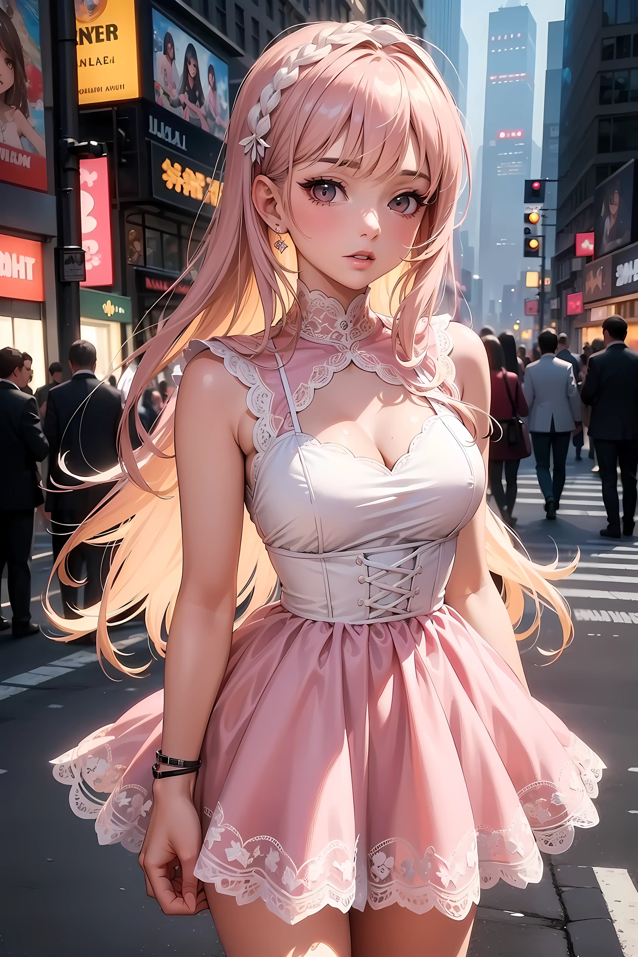 (((Masterpiece))), a top influencer woman, top quality, super detailed, cute and spunky, Luxury style, fair skin, long layered hair, baby pink underwired cut out lace dress, New York background