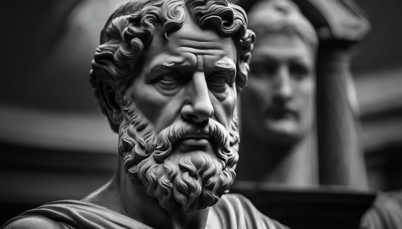 a portrait statue of the stoic Seneca in black and white 4K,Face de lado, papel de parede super realista