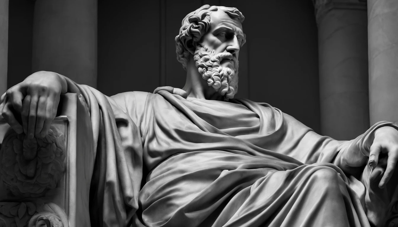 a portrait statue of the stoic Seneca in black and white 4K,Face de lado, papel de parede super realista