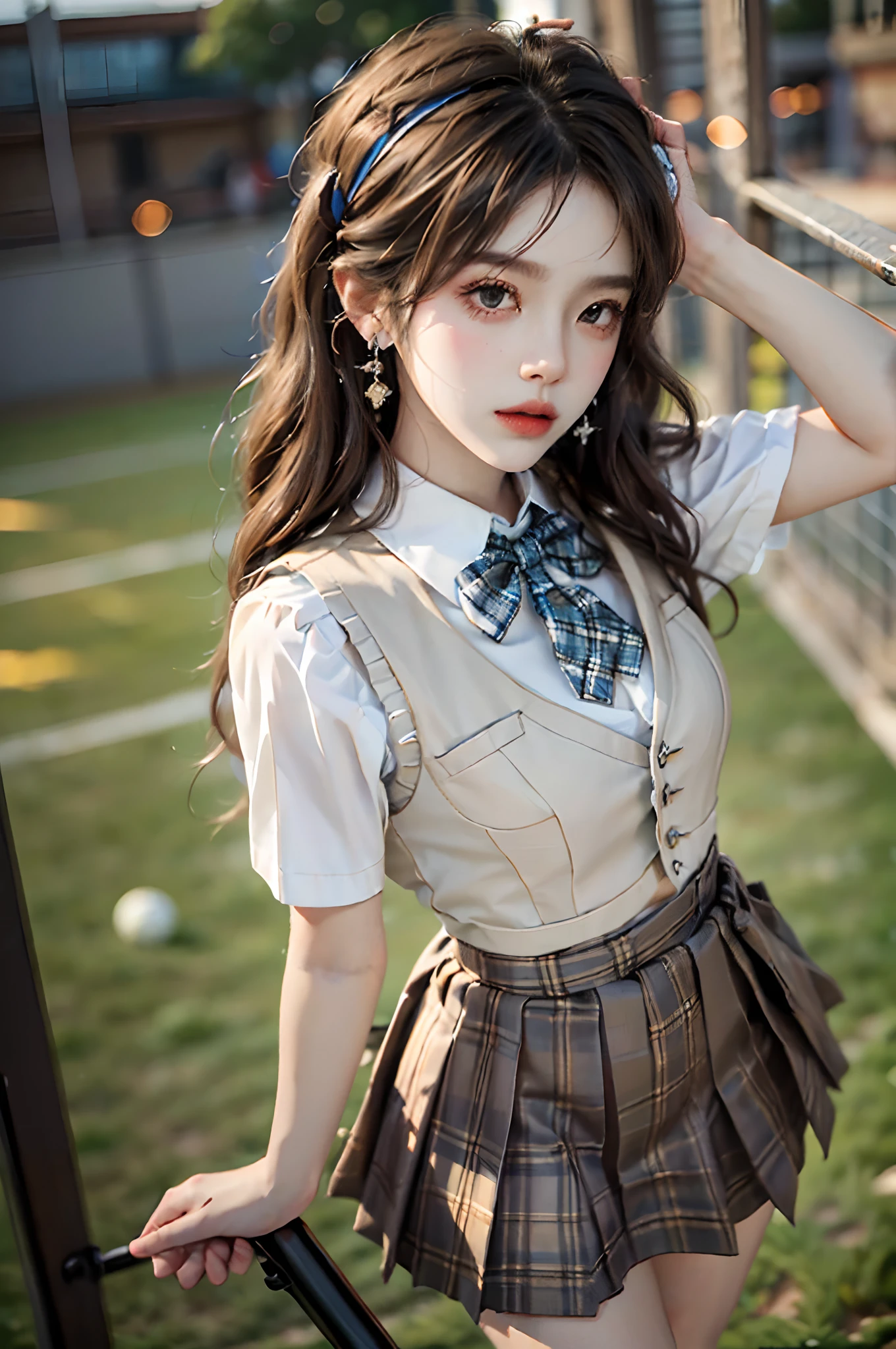 ((upper budy)), ((Front Shooting)), ((looking ahead)), ((realistic)), ((Sit Pose, inside a classroom, sitting on the classroom desk)), 1girll, Asian model, curlies, Beautiful hair accessories, Brownish-yellow hair,((Black suit, neck bowtie, White pleated skirt)), Campus style, (warm lights, a warm color palette), Detailed details, ultra-detailliert, (tmasterpiece, best qualtiy), (An extremely delicate and beautiful work), Delicate earrings, Simple blurred background, Extreme detail description, Ultra-fine painting, Delicate face, slim toned body