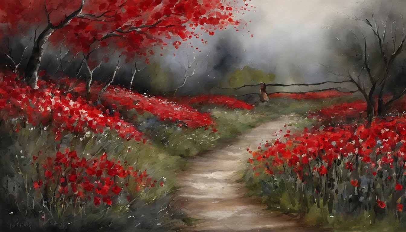 A maid dressed in a black and white Gothic maid costume walks down the path,She was surrounded by a sea of red flowers,She held an umbrella,Back shadow,It shows visual impact,It makes people feel hopeless and lonely,The sky was filled with gray mist,