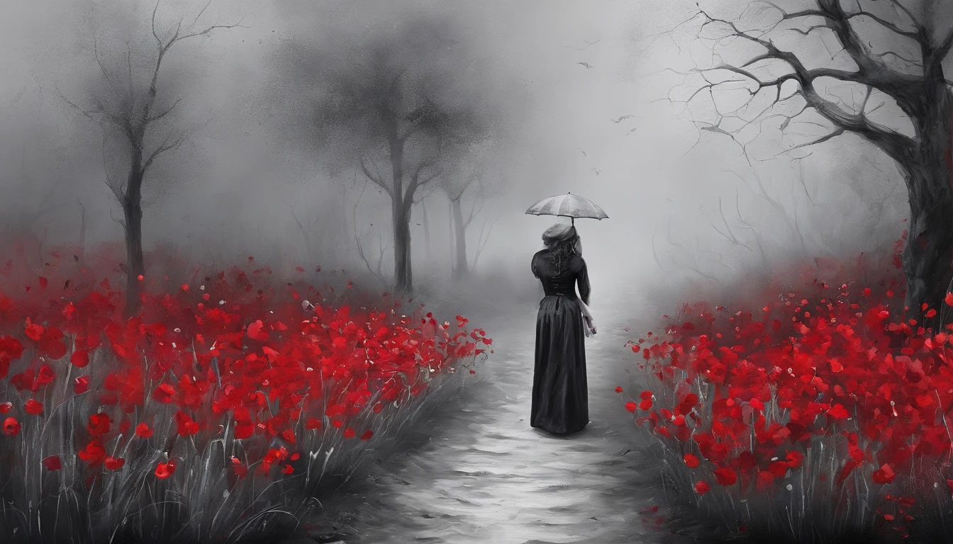 A maid dressed in a black and white Gothic maid costume walks down the path，She was surrounded by a sea of red flowers，She held an umbrella，Back shadow，It shows visual impact，It makes people feel hopeless and lonely，The sky was filled with gray mist，