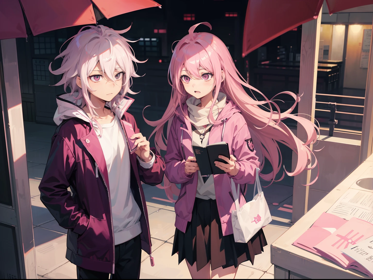 anime girl with pink hair holding a book and looking at it, nagito komaeda, hajime yatate, young anime man, best anime 4k konachan wallpaper, nagito komaeda from danganronpa, haruno sakura, male anime character, anime boy, 2 d anime style, anime style character, sasoura