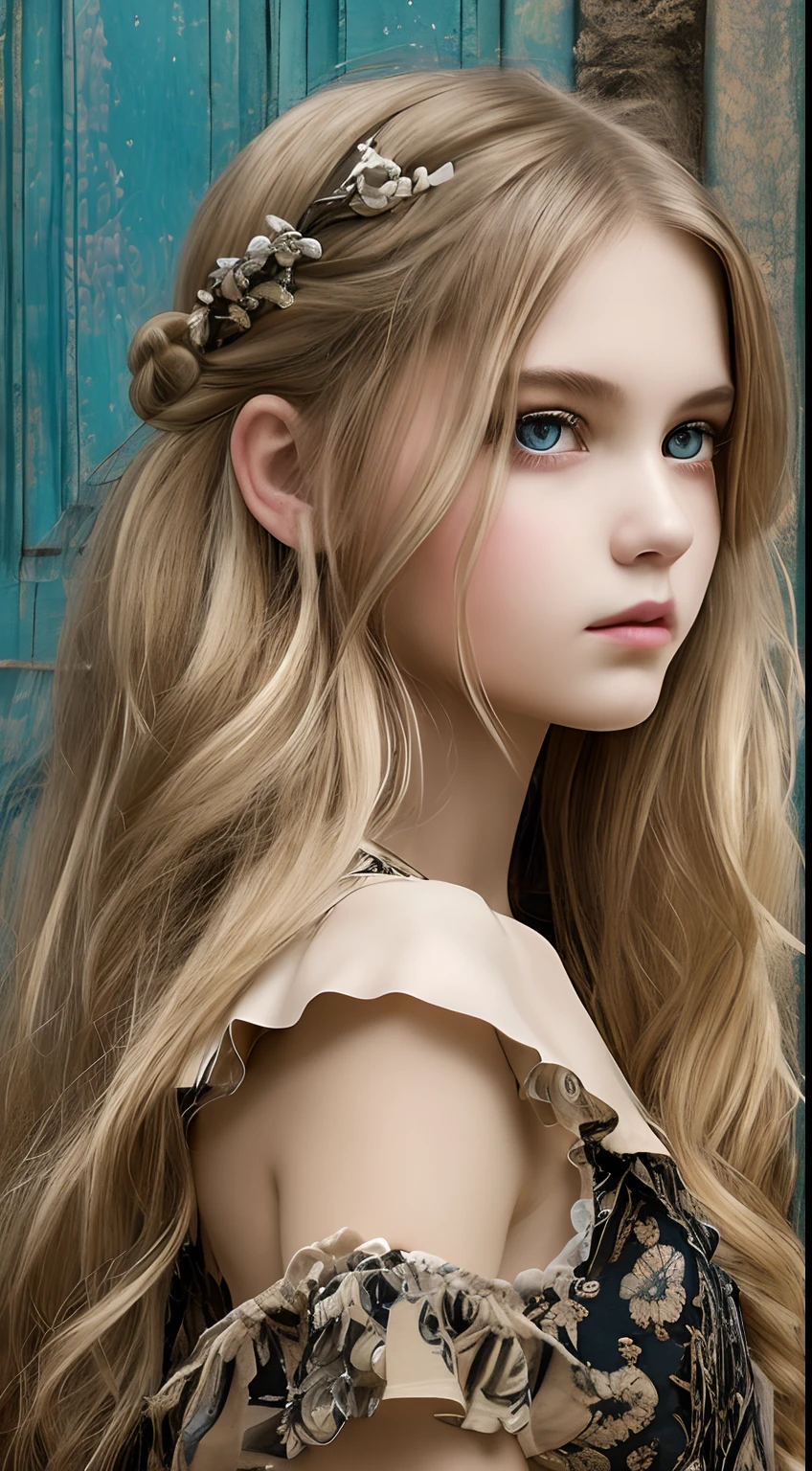 (Pure color: 0.9), (Color: 1.1), (Masterpiece: 1,2), Best quality, Masterpiece, high resolution, Original, highly detailed wallpaper, Beauty, baroque period, dress, Sad, Small face、teens girl、Real Human、Authentic、blond、Blue eyes、Foreigner、Old photos、Melancholy、Dark Department